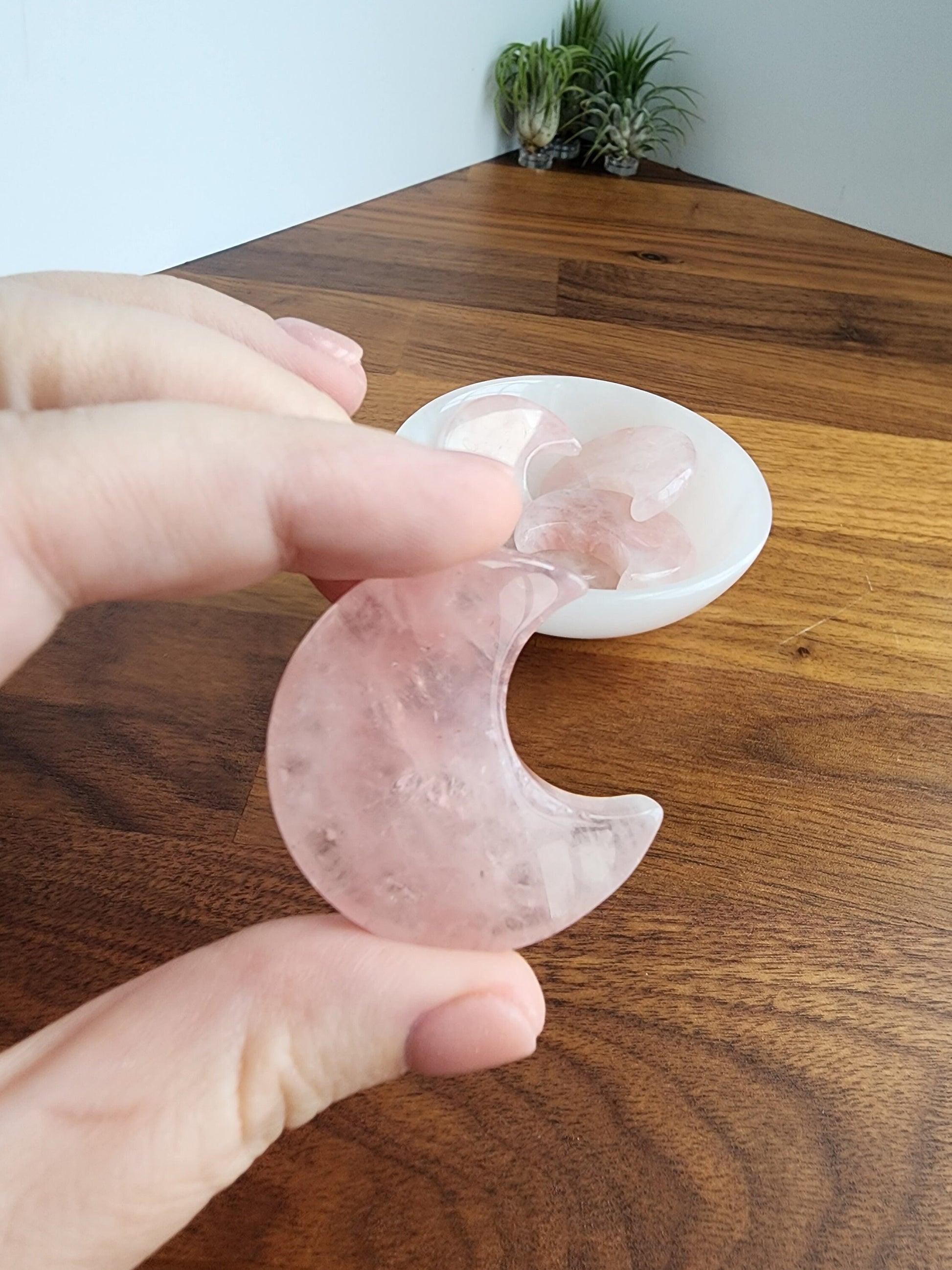 Rose Quartz Moon | Small Pink Crystal Moons | Medium to Pale Pink Crytals with Clear & Cloud Inclusions | One Moon | Intuitively Chosen