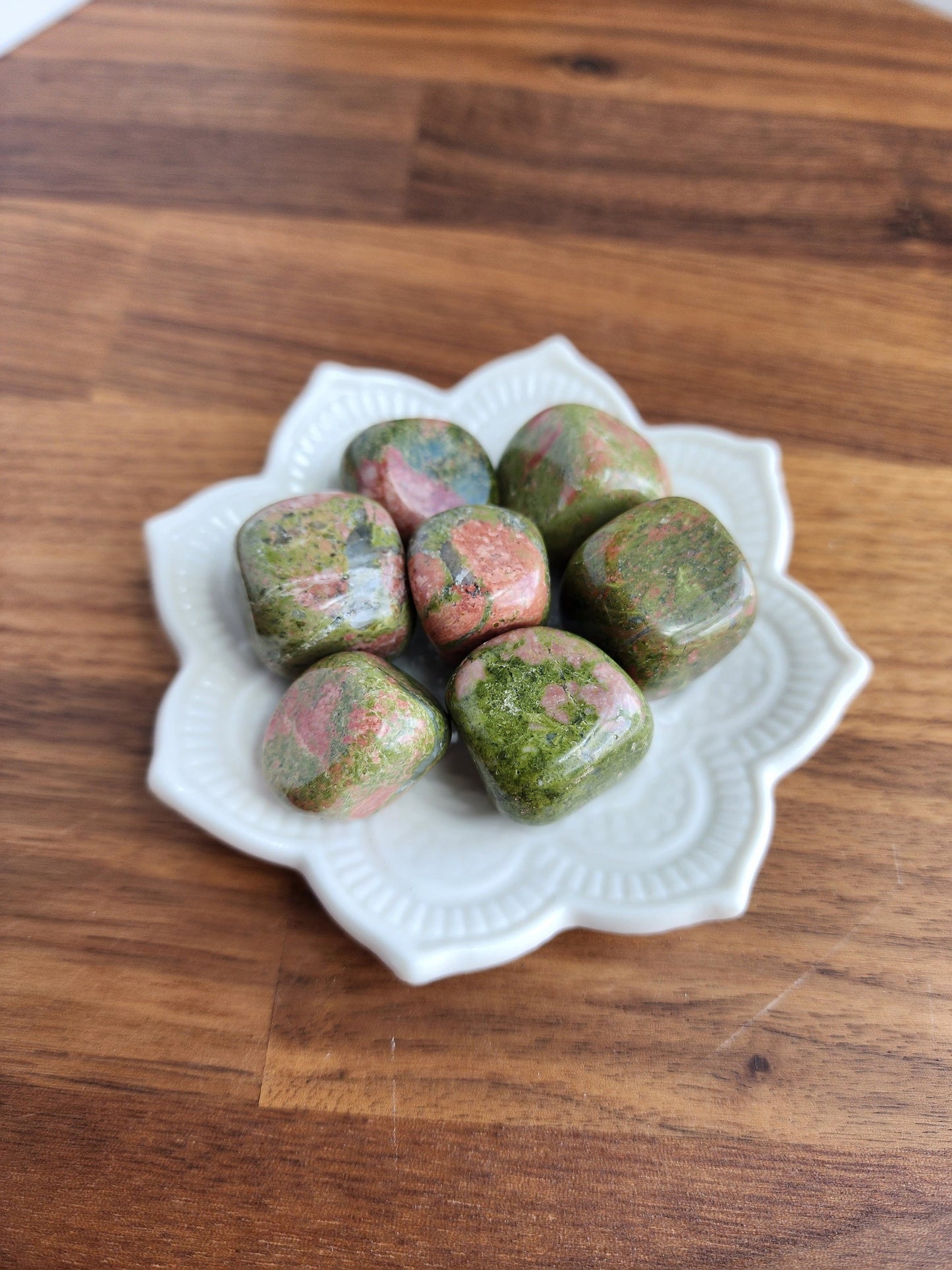 Unakite Tumbles | Medium | Autumn Harvest Crystal Confetti Add On | Olive Green and Peach Red Crystals | Grounding | Intuitively Chosen