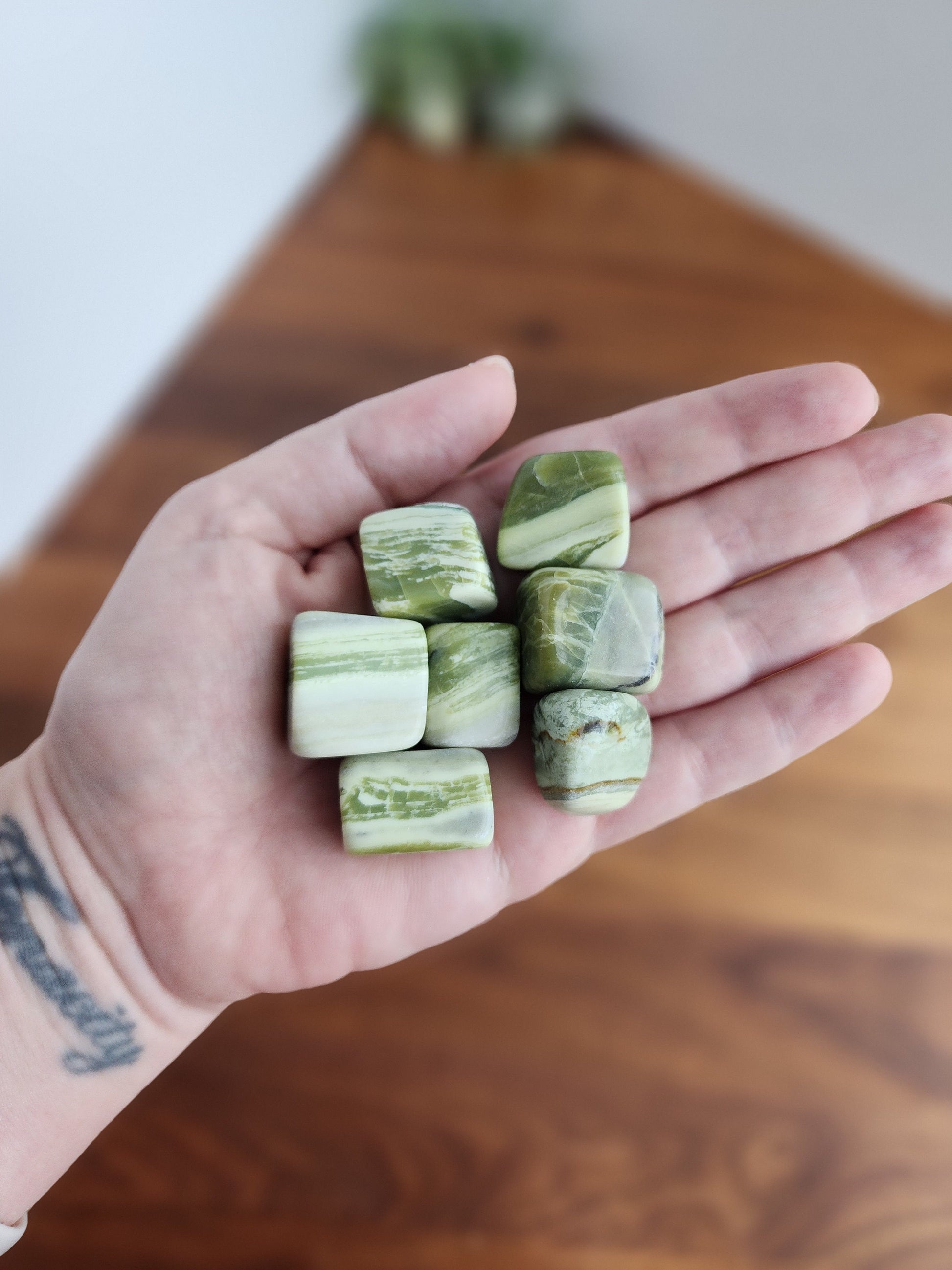 Serpentine Tumbles | Medium | Light Green Banded Crystal | High Quality | Intuitively Chosen