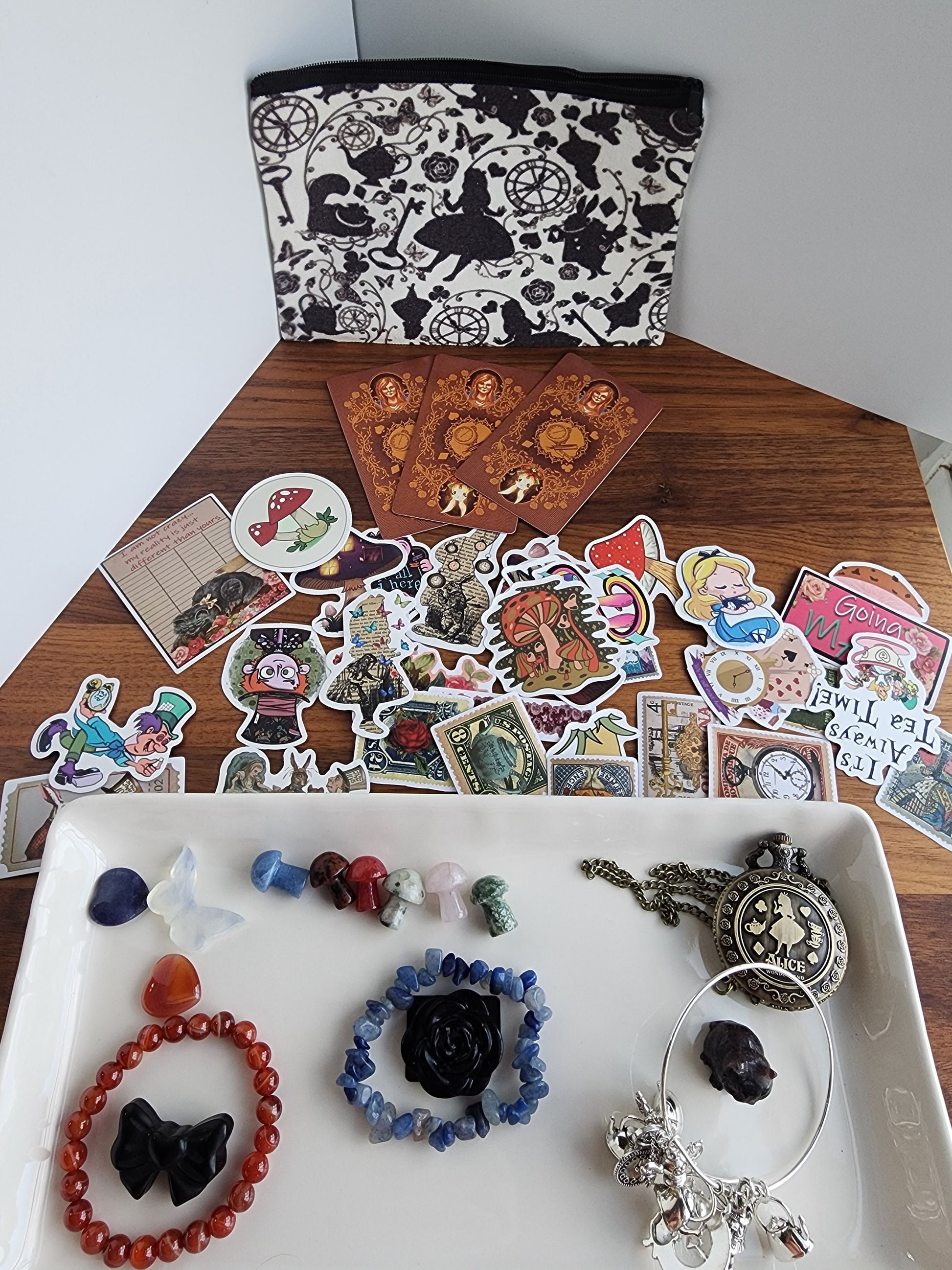 Wonderland Bundle #2 | Crystal Mushrooms, Bracelets, Butterfly, Bow, Hearts, Cheshire Cat, Rose | Charms, Stickers, Tarot & Pocket Watch