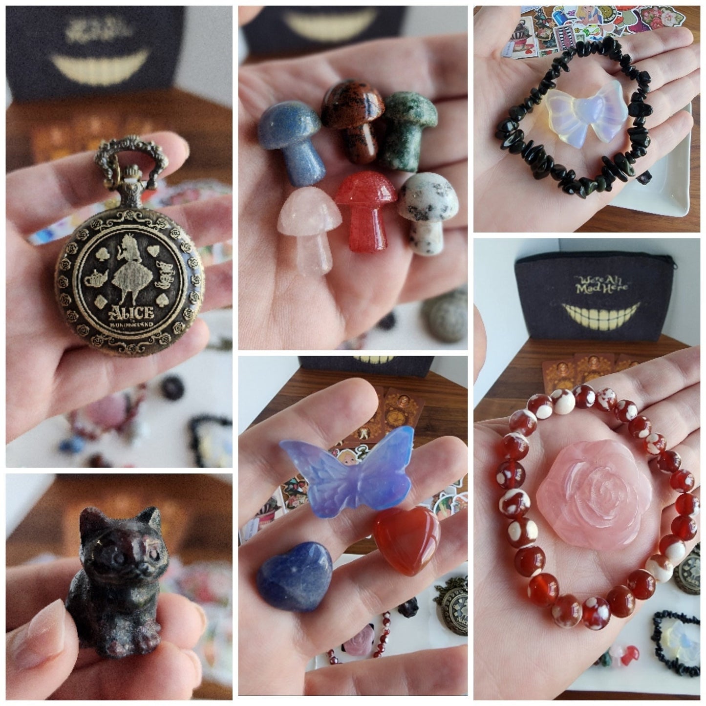 Wonderland Bundle #3 | Crystal Mushrooms, Bracelets, Butterfly, Bow, Hearts, Cheshire Cat, Rose | Charms, Stickers, Tarot & Pocket Watch