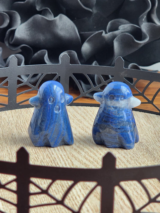 Blue Aventurine Ghost Carving: Spooky Halloween Crystal with Clear Quartz