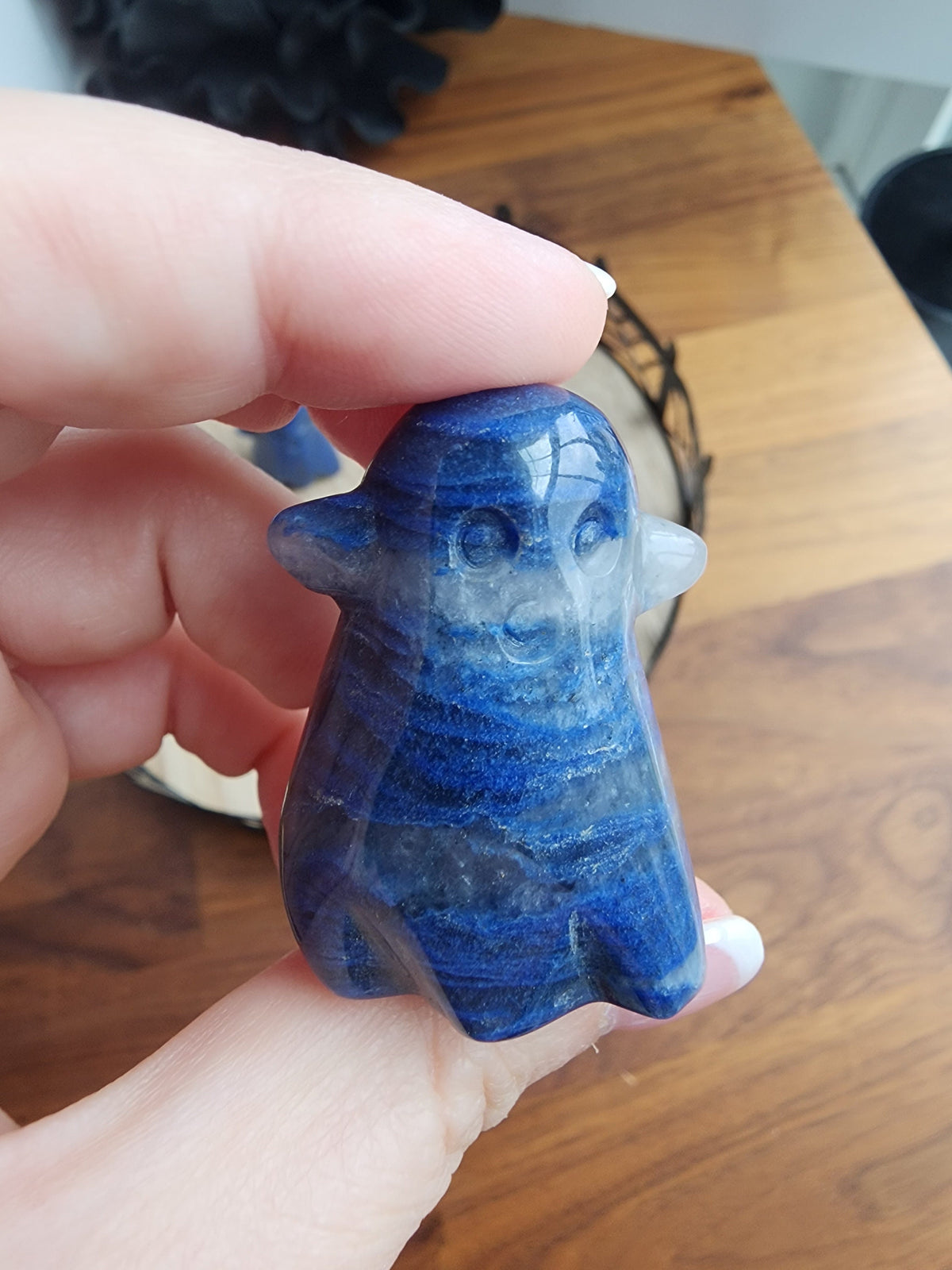 Blue Aventurine Ghost Carving: Spooky Halloween Crystal with Clear Quartz
