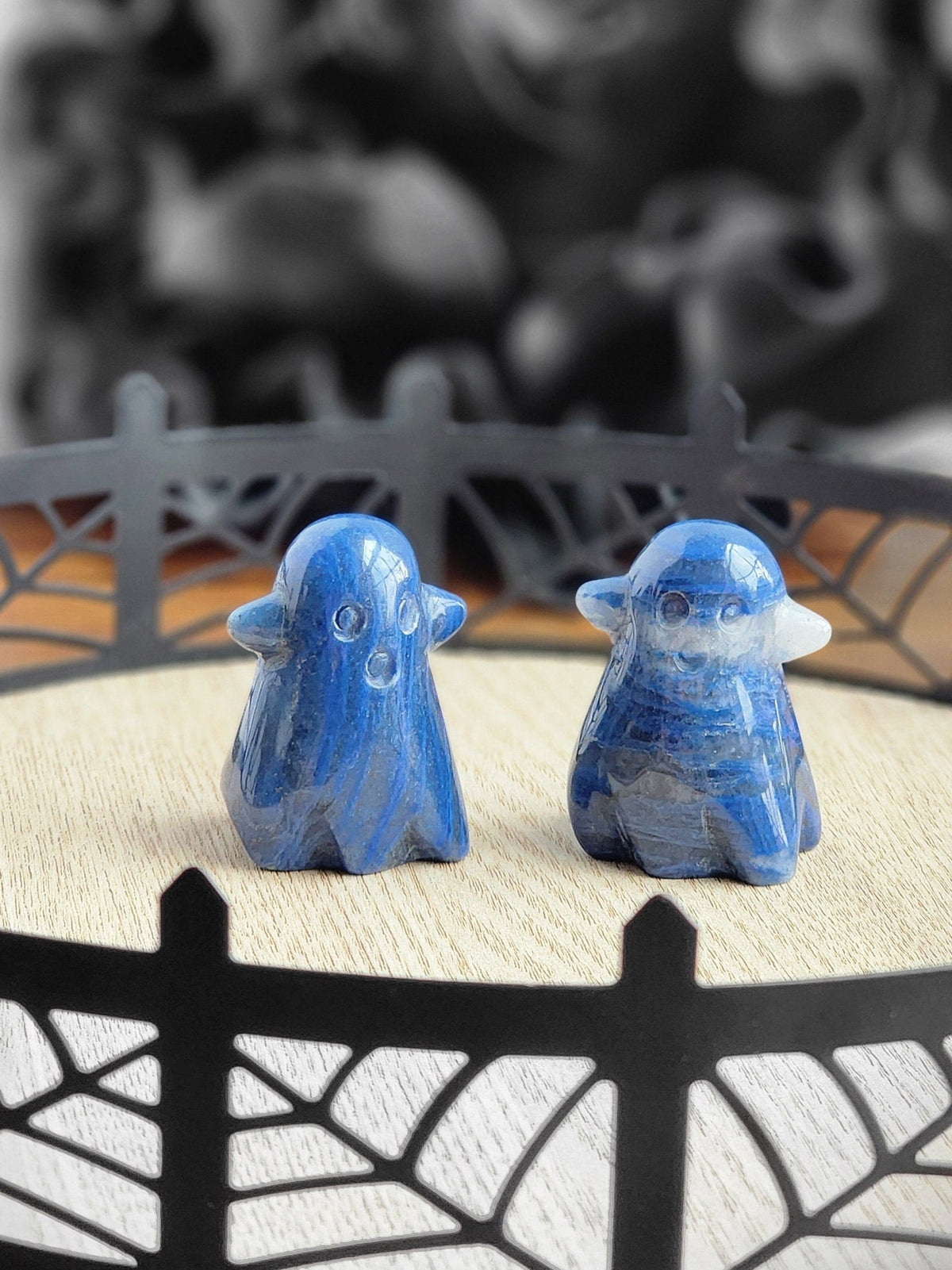 Blue Aventurine Ghost Carving: Spooky Halloween Crystal with Clear Quartz