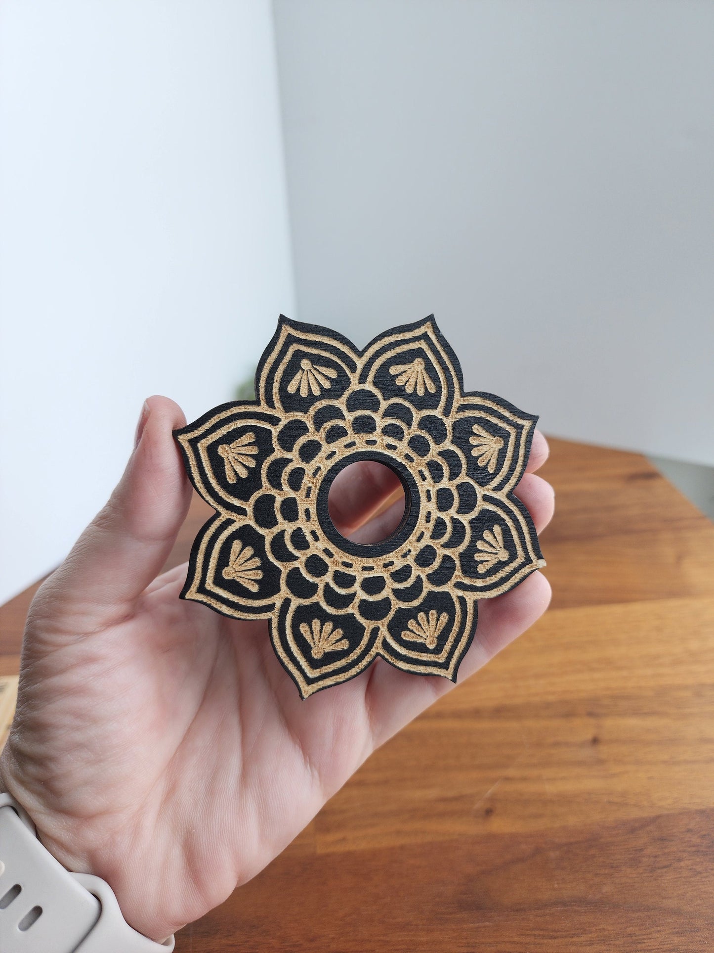 Black Flower Lotus Sphere Stand | Etched Wood Crystal Ball Holder | Flat Circle Display for Rocks