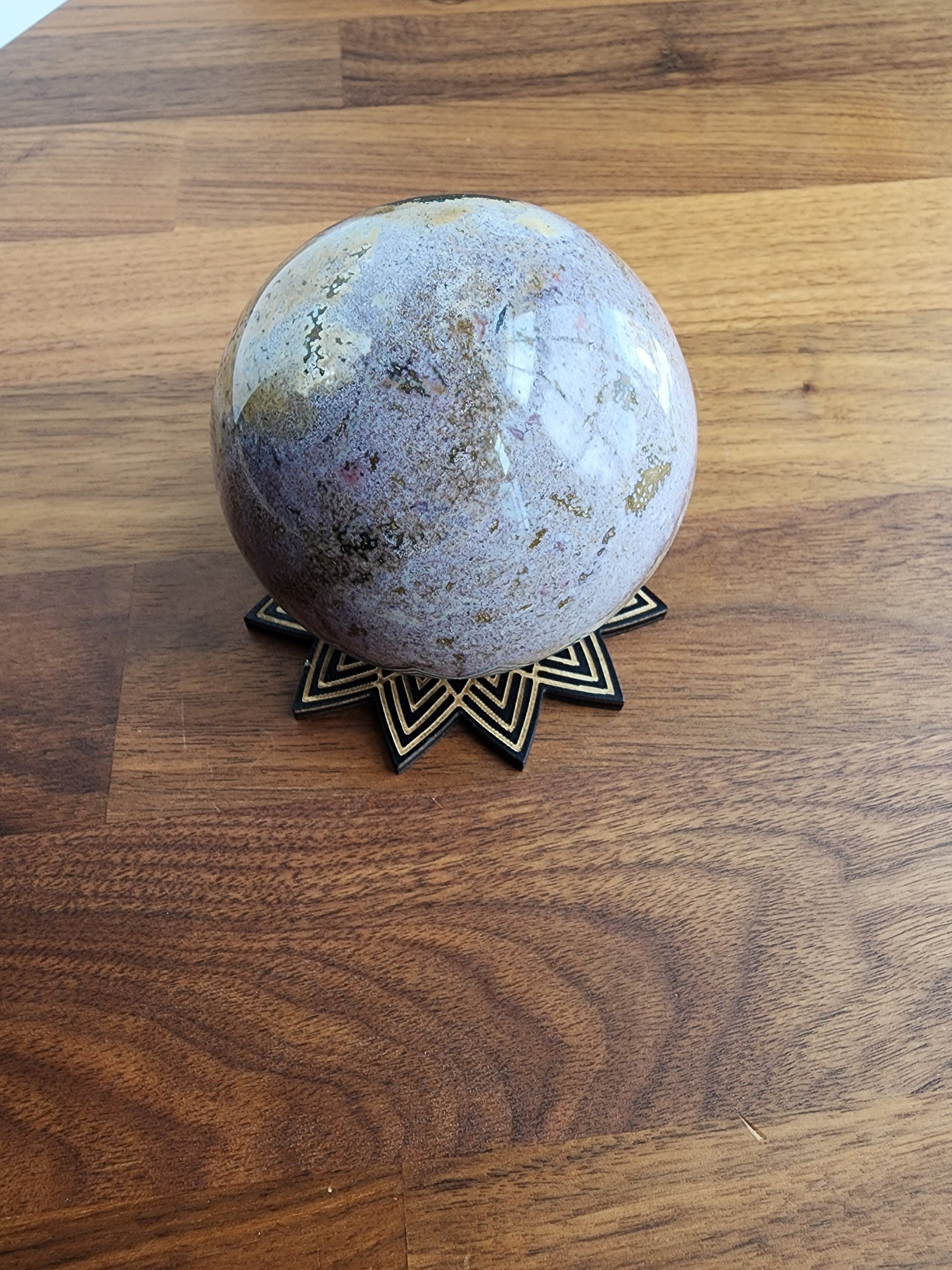 Black Star Lotus Sphere Stand | Large Etched Wood Crystal Ball Holder | Flat Display | 3"