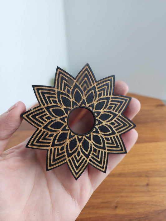 Black Star Lotus Sphere Stand | Large Etched Wood Crystal Ball Holder | Flat Display | 3"