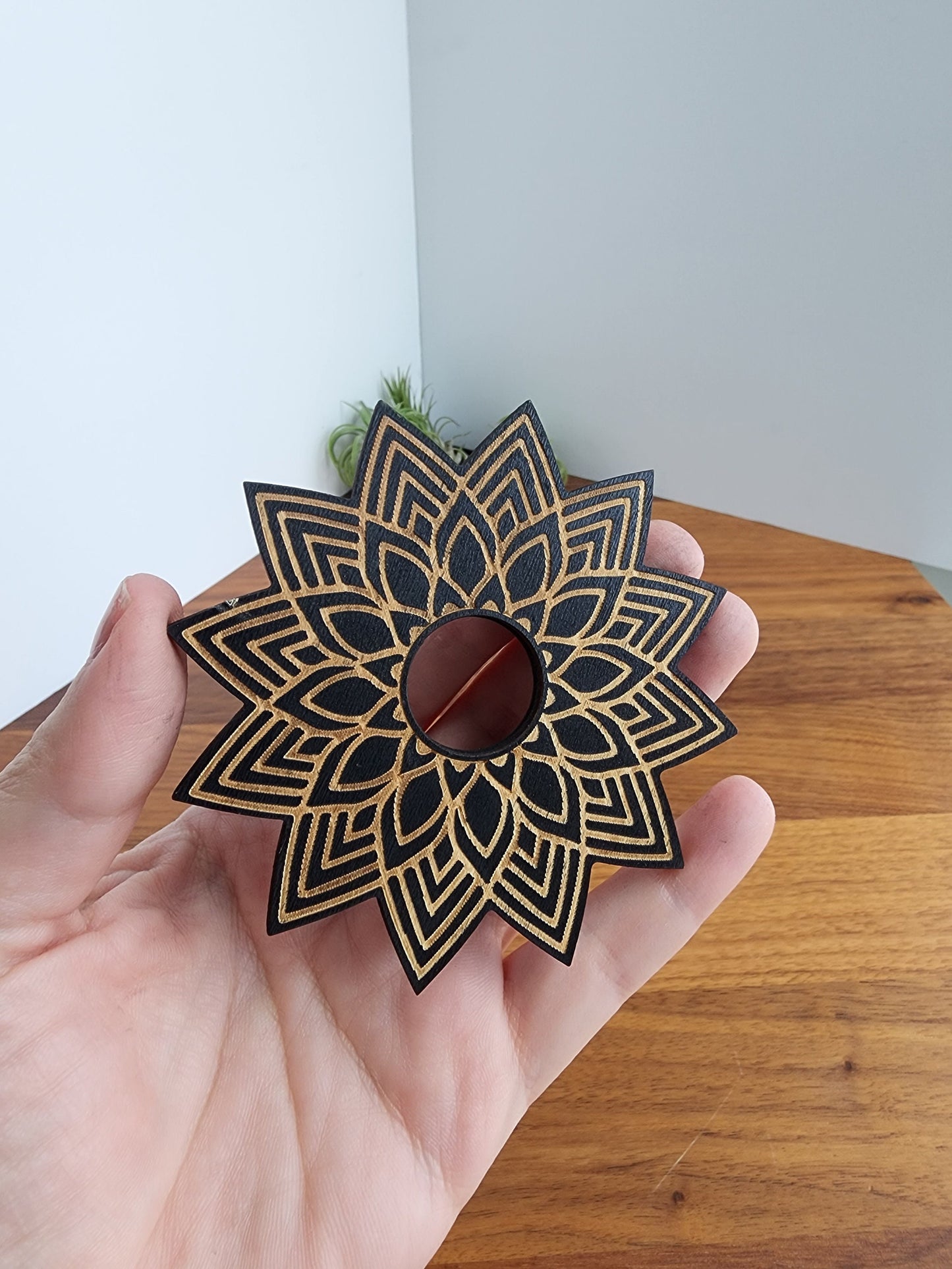 Black Star Lotus Sphere Stand | Large Etched Wood Crystal Ball Holder | Flat Display | 3"