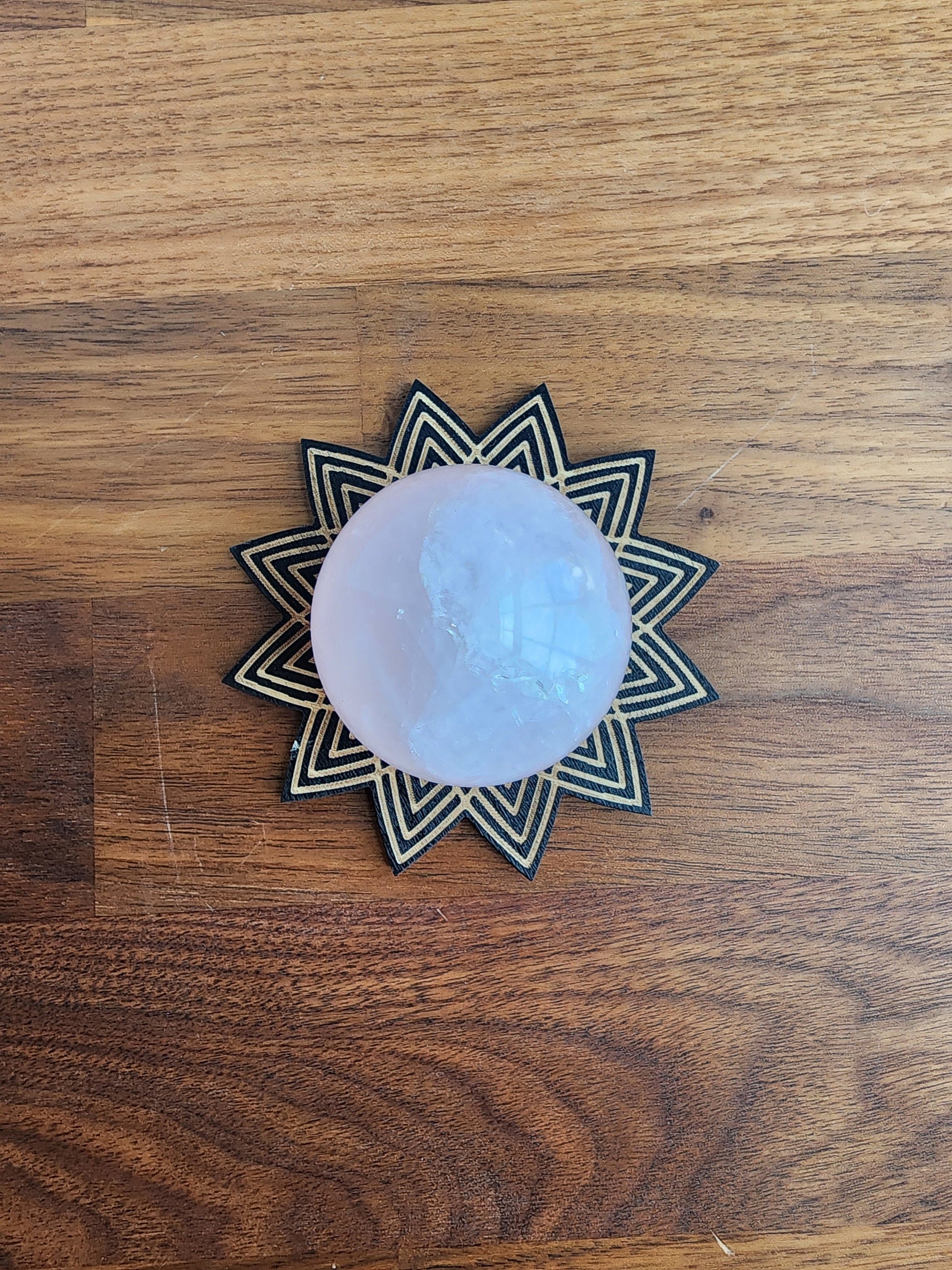 Black Star Lotus Sphere Stand | Large Etched Wood Crystal Ball Holder | Flat Display | 3"