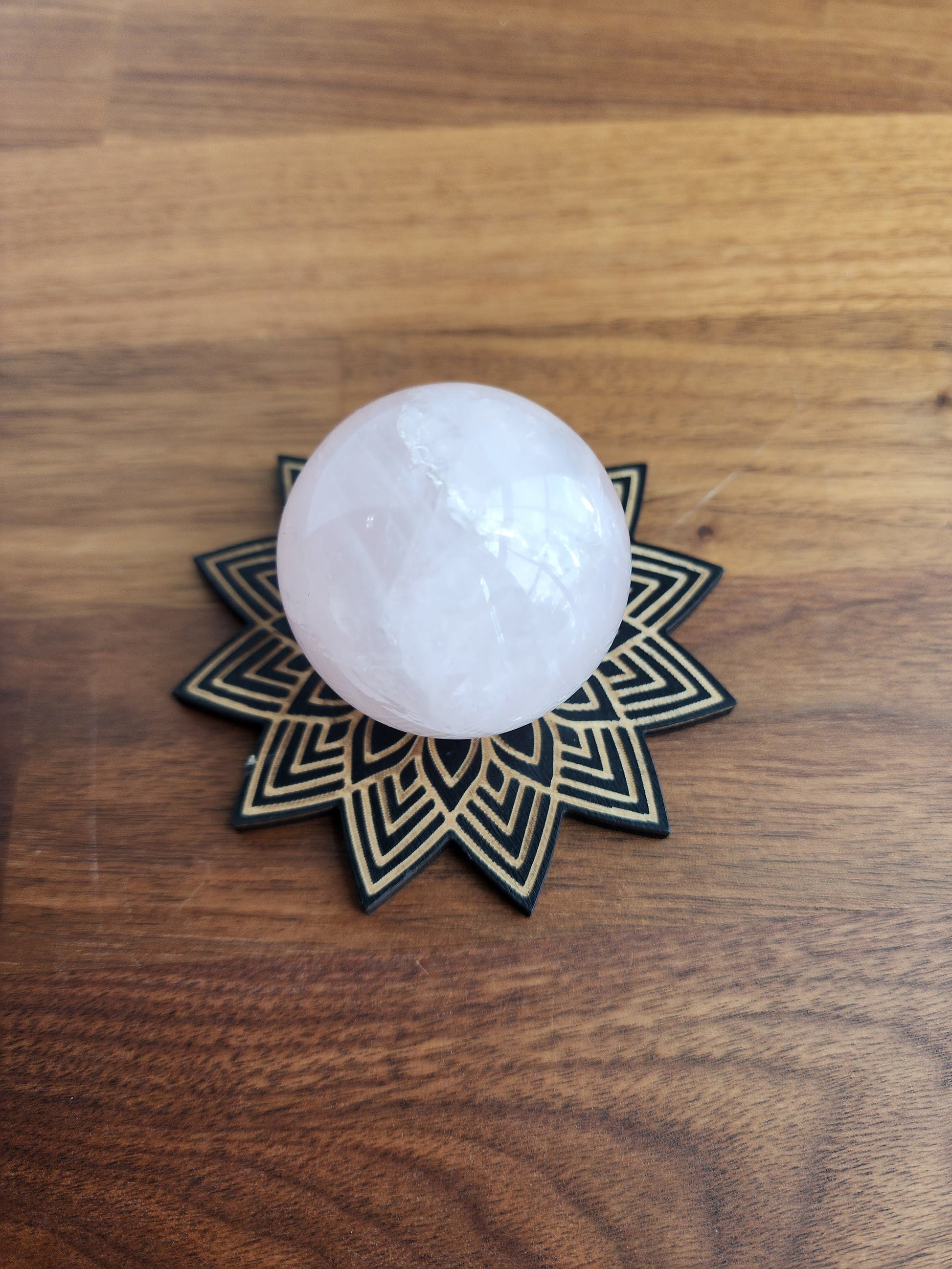 Black Star Lotus Sphere Stand | Large Etched Wood Crystal Ball Holder | Flat Display | 3"