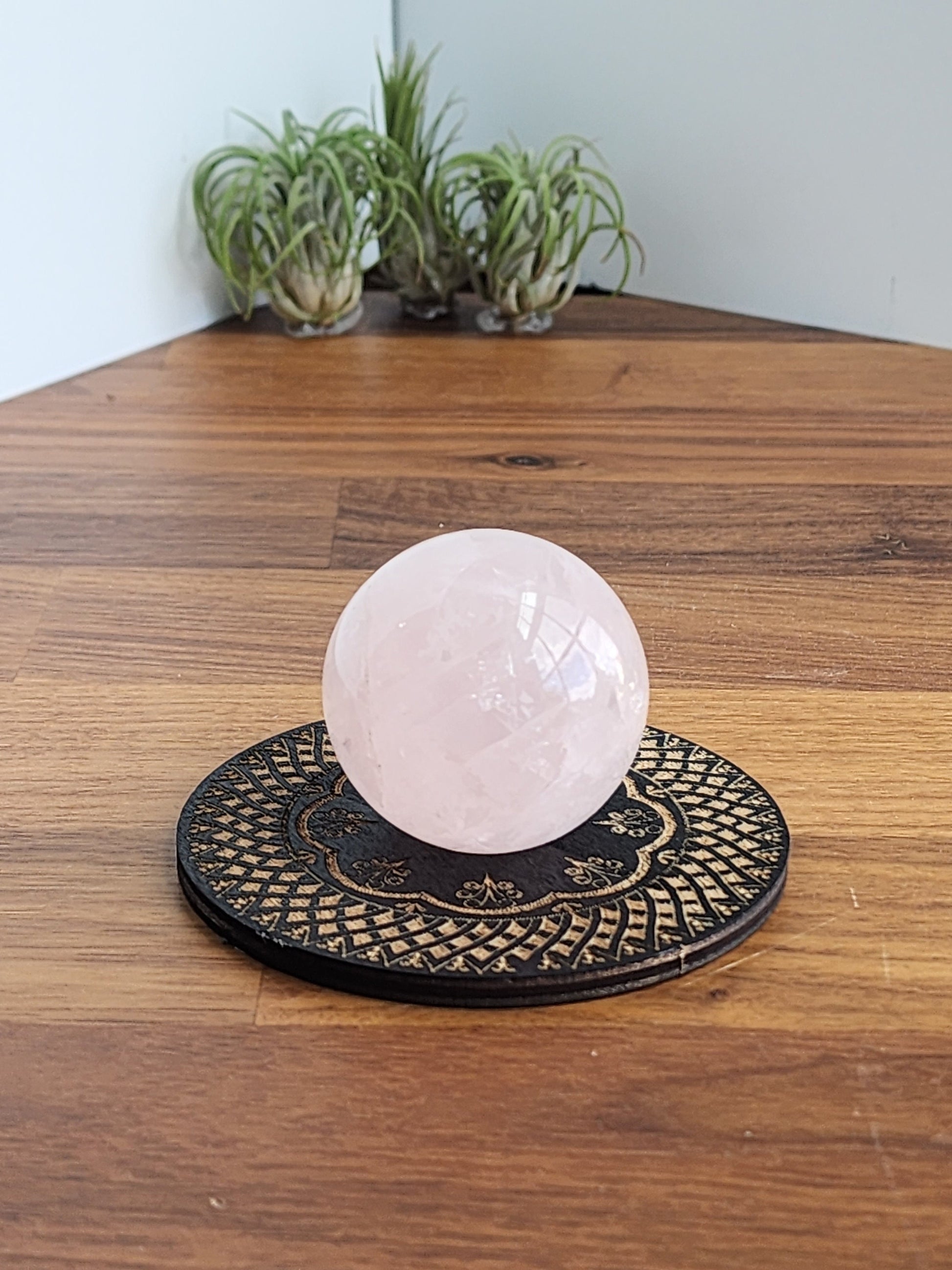 Detailed Mandala Crystal Sphere Stand | Black Etcehd Wood Circle | Round Flat Goth Ball Display