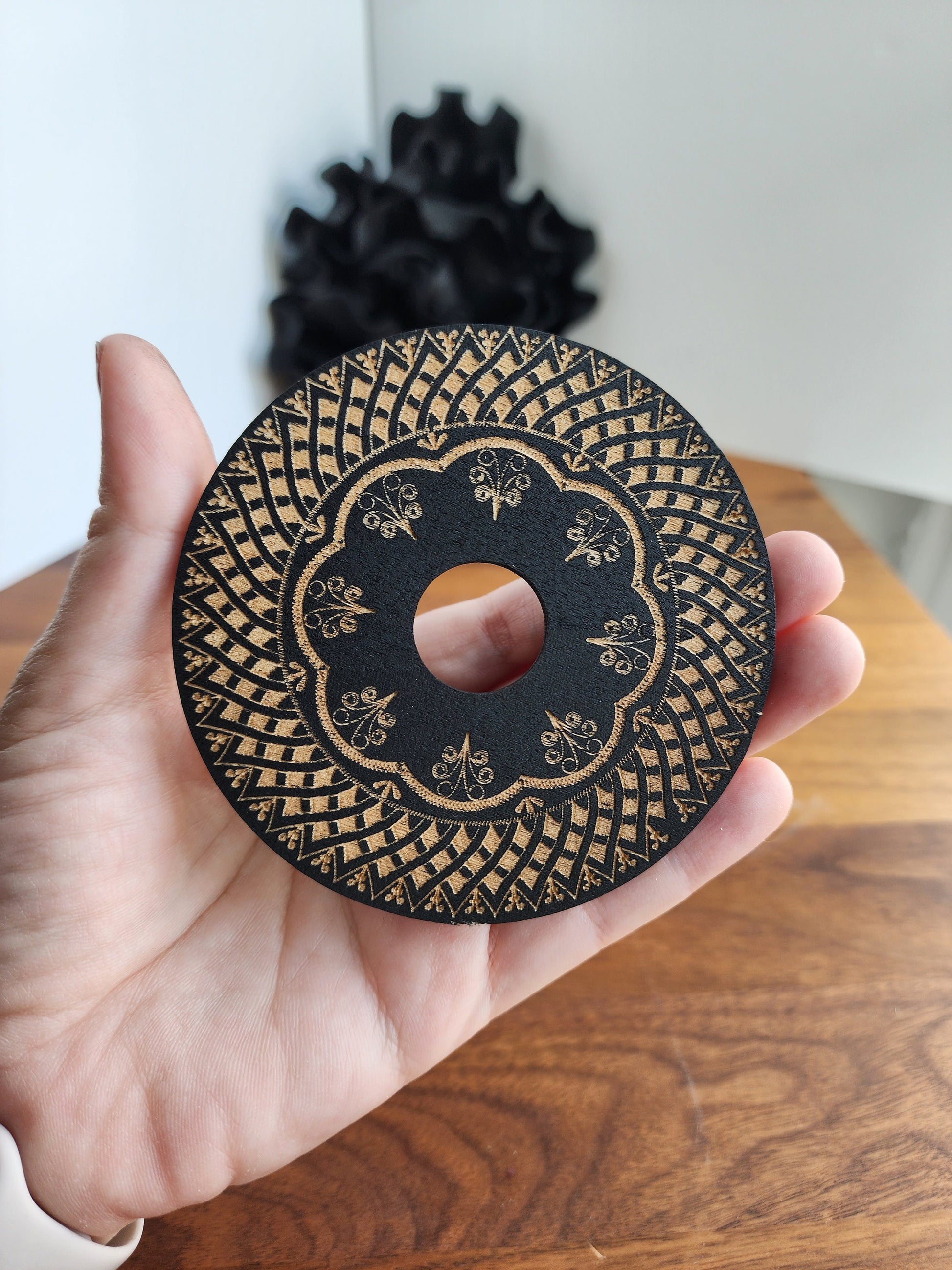 Detailed Mandala Crystal Sphere Stand | Black Etcehd Wood Circle | Round Flat Goth Ball Display