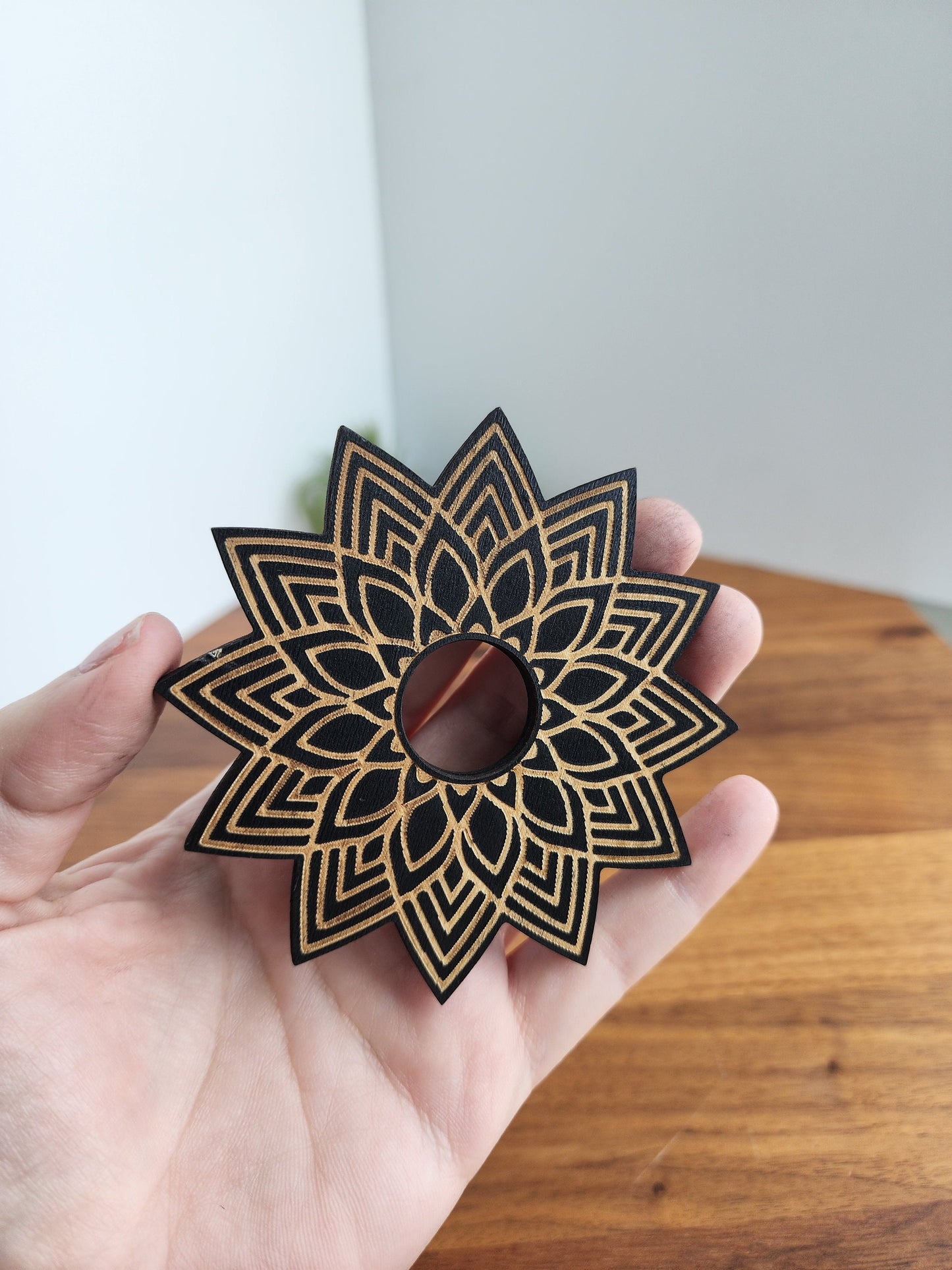 Black Star Lotus Sphere Stand | Large Etched Wood Crystal Ball Holder | Flat Display | 3"