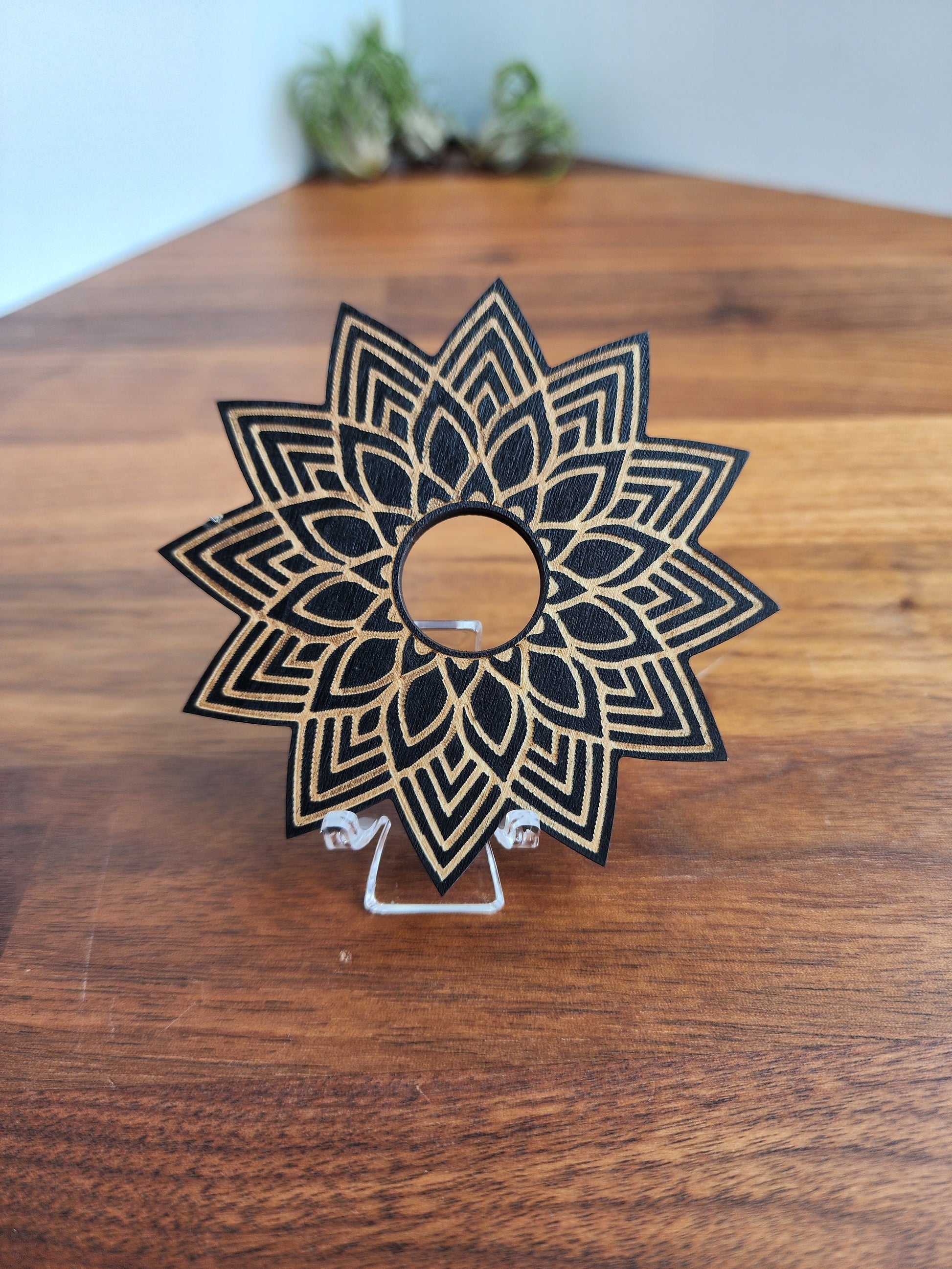 Black Star Lotus Sphere Stand | Large Etched Wood Crystal Ball Holder | Flat Display | 3"