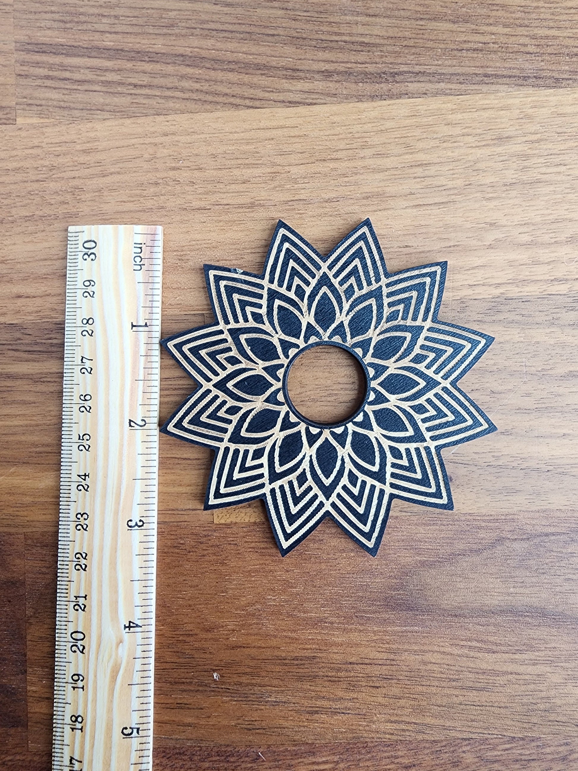 Black Star Lotus Sphere Stand | Large Etched Wood Crystal Ball Holder | Flat Display | 3"