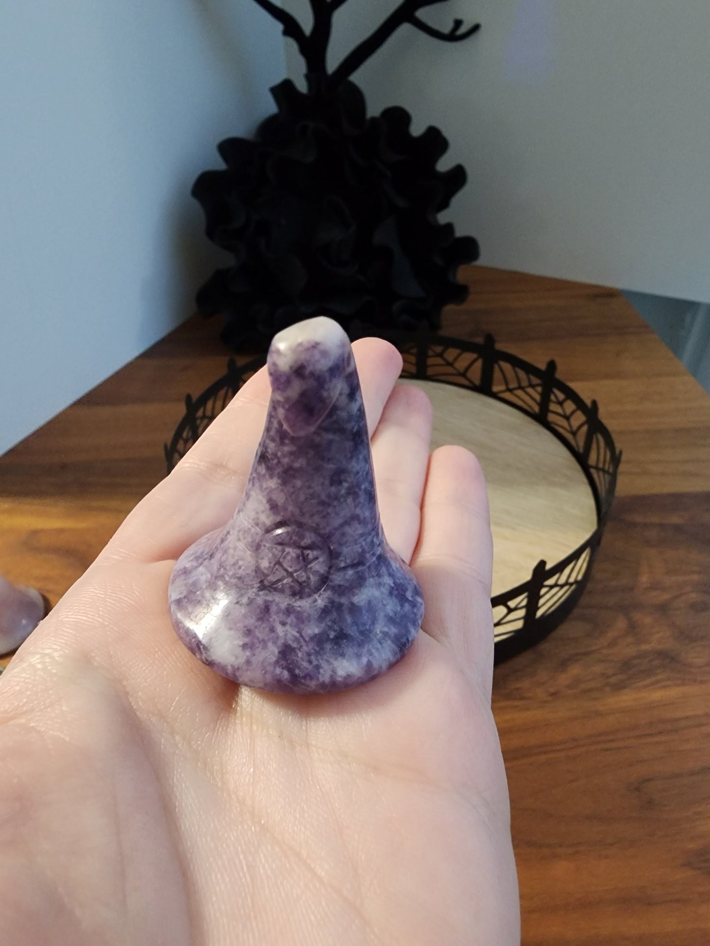 Crystal Witch Hat | Halloween Crystals | Spooky Season Decor | Lepidolite, Aventurine, Rose Quartz, Dalmatian | Witchy Vibes |Samhain Altar