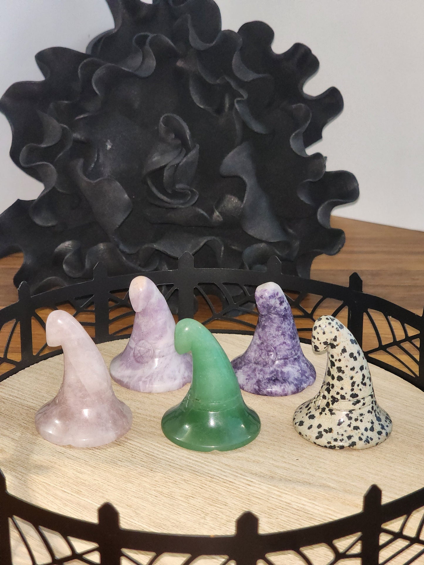 Crystal Witch Hat | Halloween Crystals | Spooky Season Decor | Lepidolite, Aventurine, Rose Quartz, Dalmatian | Witchy Vibes |Samhain Altar