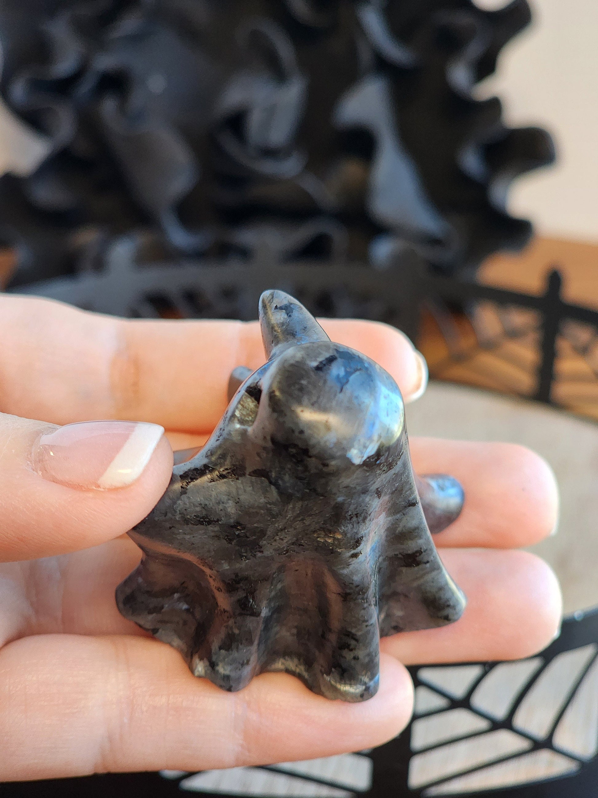 Spooky Ghost Crystal | Larvakite | Halloween | Spooky Season Crystals | Cute 3D Carving | Witchy Vibes | Low Blue Flash |Intuitively Chosen