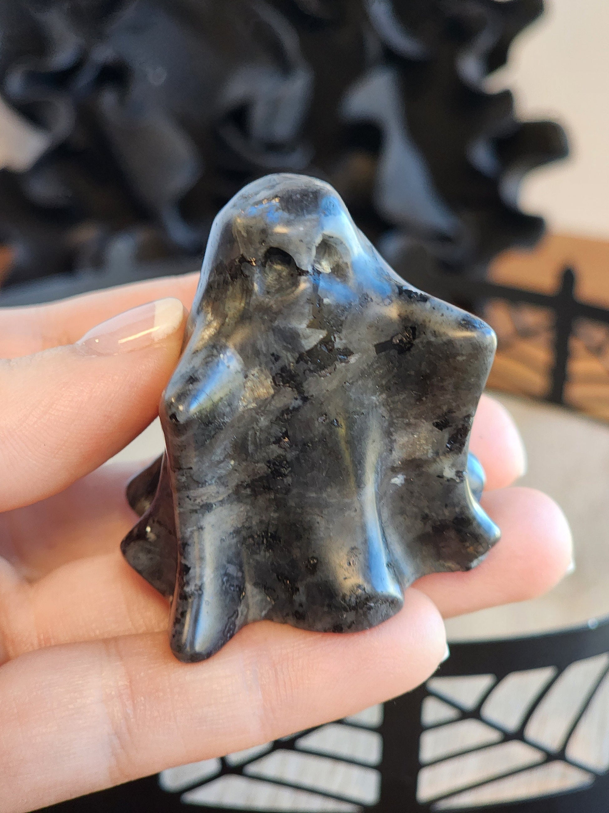 Spooky Ghost Crystal | Larvakite | Halloween | Spooky Season Crystals | Cute 3D Carving | Witchy Vibes | Low Blue Flash |Intuitively Chosen