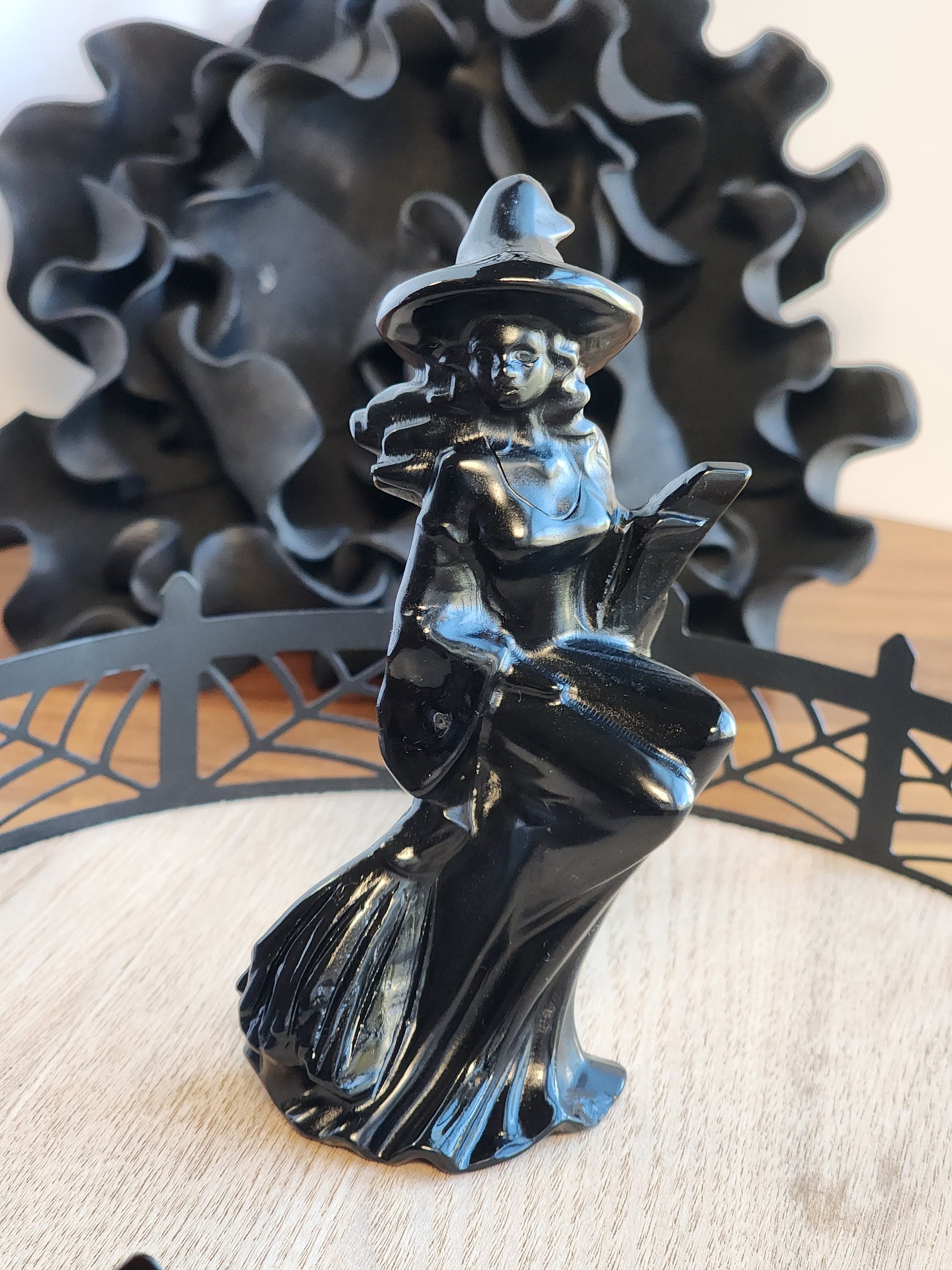 Obsidian Witch | 4.5" Tall Crystal | Black Crystals | Witchy Vibes | Detailed High Quality | Halloween | Witch Hat on Broom | 3D | Only ONE