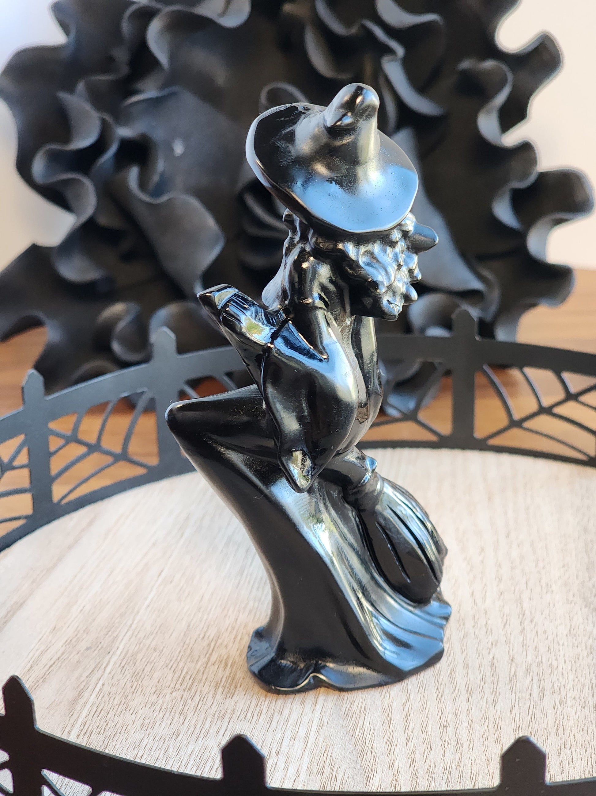 Obsidian Witch | 4.5" Tall Crystal | Black Crystals | Witchy Vibes | Detailed High Quality | Halloween | Witch Hat on Broom | 3D | Only ONE