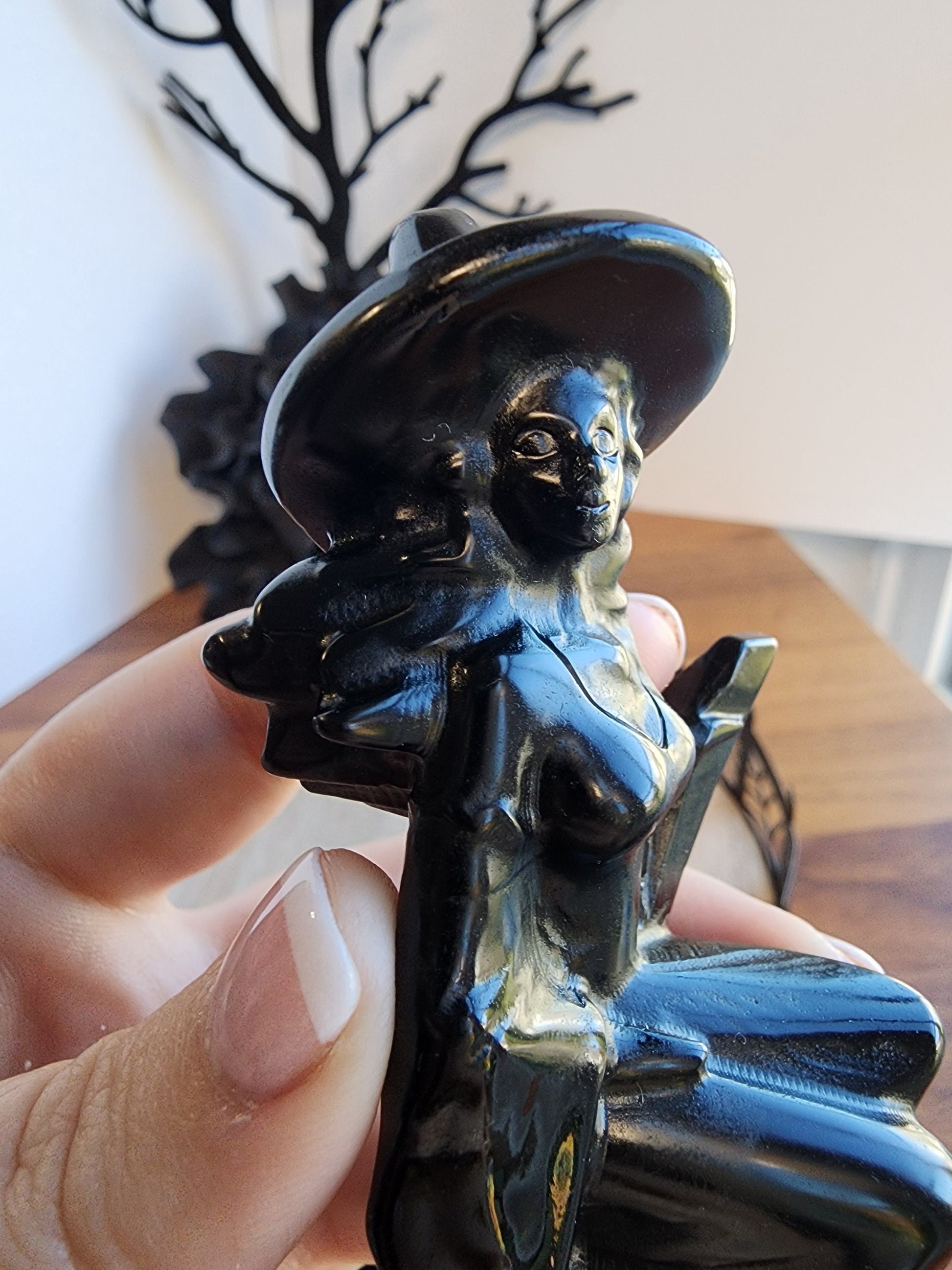 Obsidian Witch | 4.5" Tall Crystal | Black Crystals | Witchy Vibes | Detailed High Quality | Halloween | Witch Hat on Broom | 3D | Only ONE