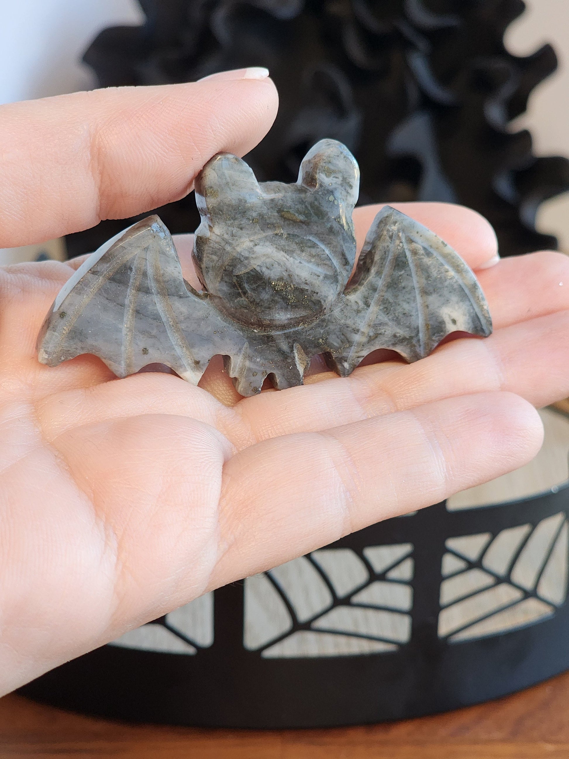 Cute Crystal Bat! | Pyrite in Quartz | Gray Vampire Bat Carving | Halloween Crystals | Gothcore | Spooky Season | Intuitively Chosen