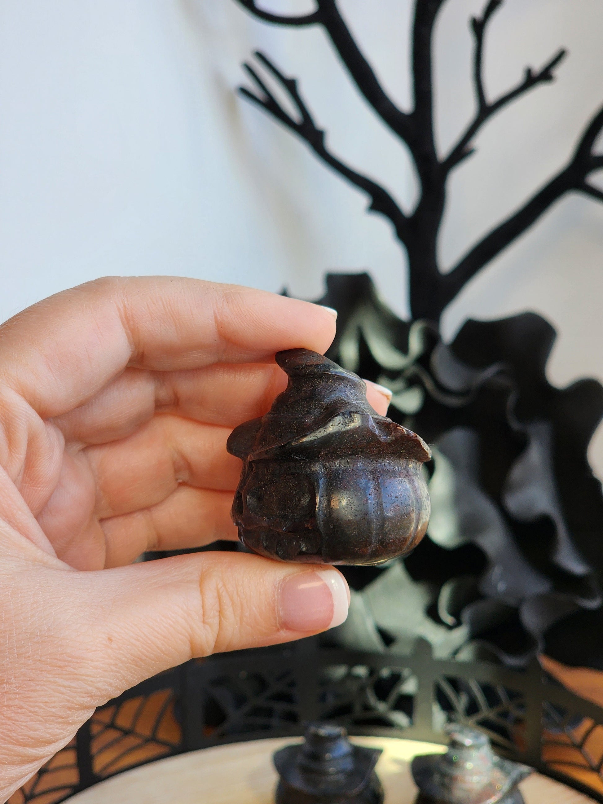 Crystal Halloween Pumpkin Carving with Witch Hat | Fireworks Garnet | Home Décor for Spooky Season | Arfvedsonite Stone | Unique Gift