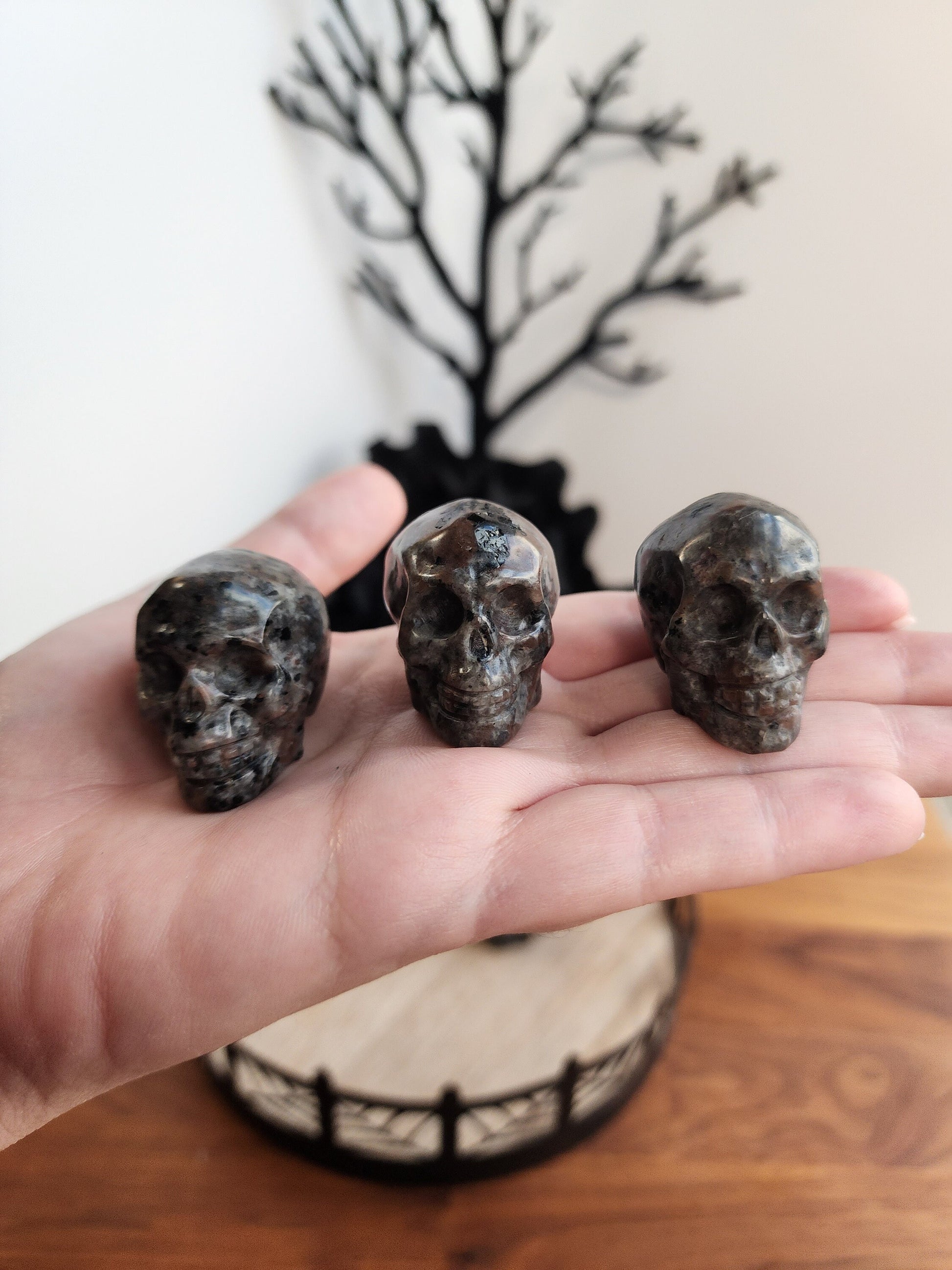 Yooperlite Skulls | 1.5" Crystal Carvings with UV Reaction | Halloween Village Decor | Spooky Season Vibes for your Goth Friends!