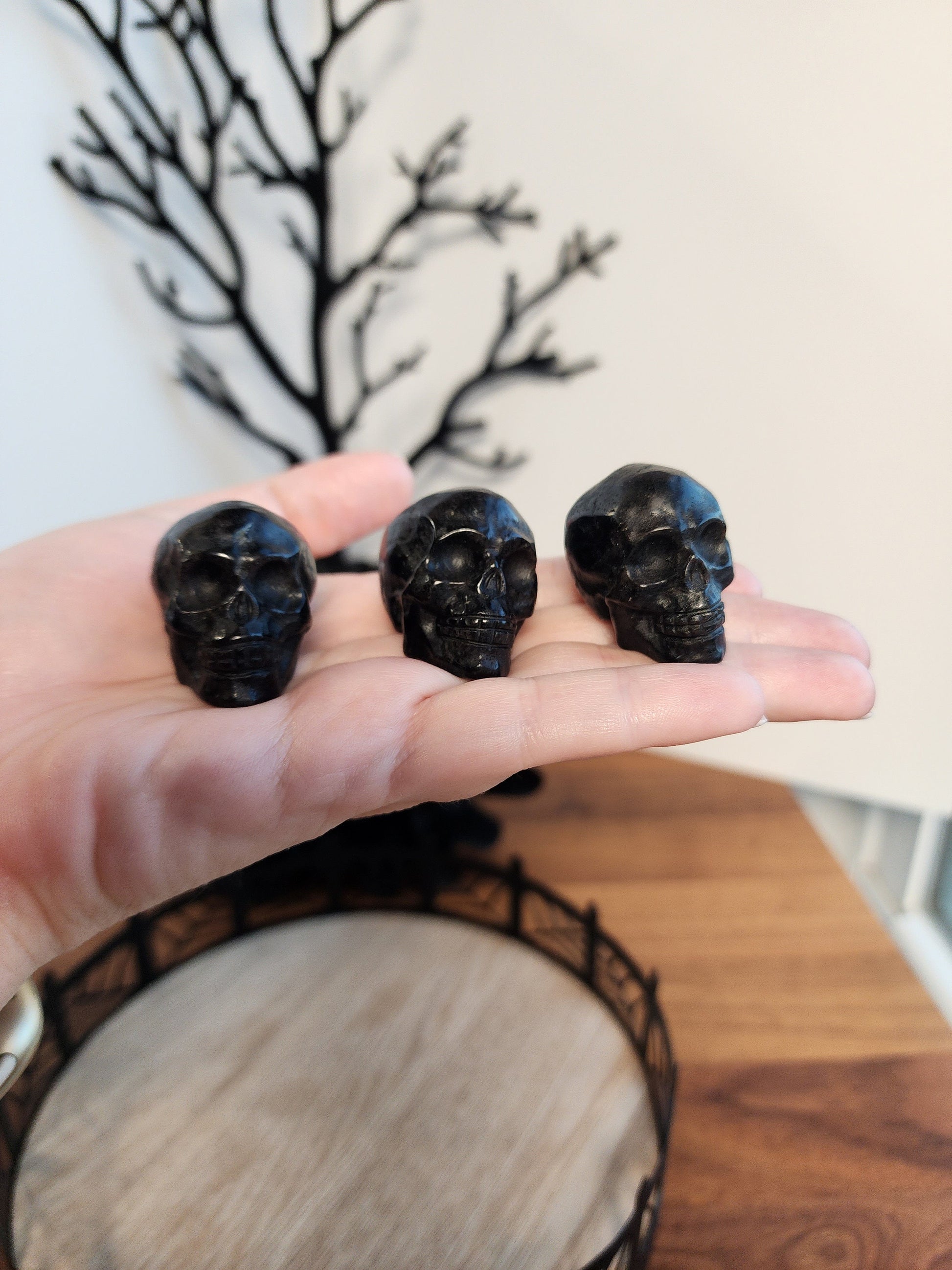 Firework Stone Skulls | 1.5" | Crystal Astrophyllite | Decor for Spooky Season | Great for Halloween Villages or Summerween Displays