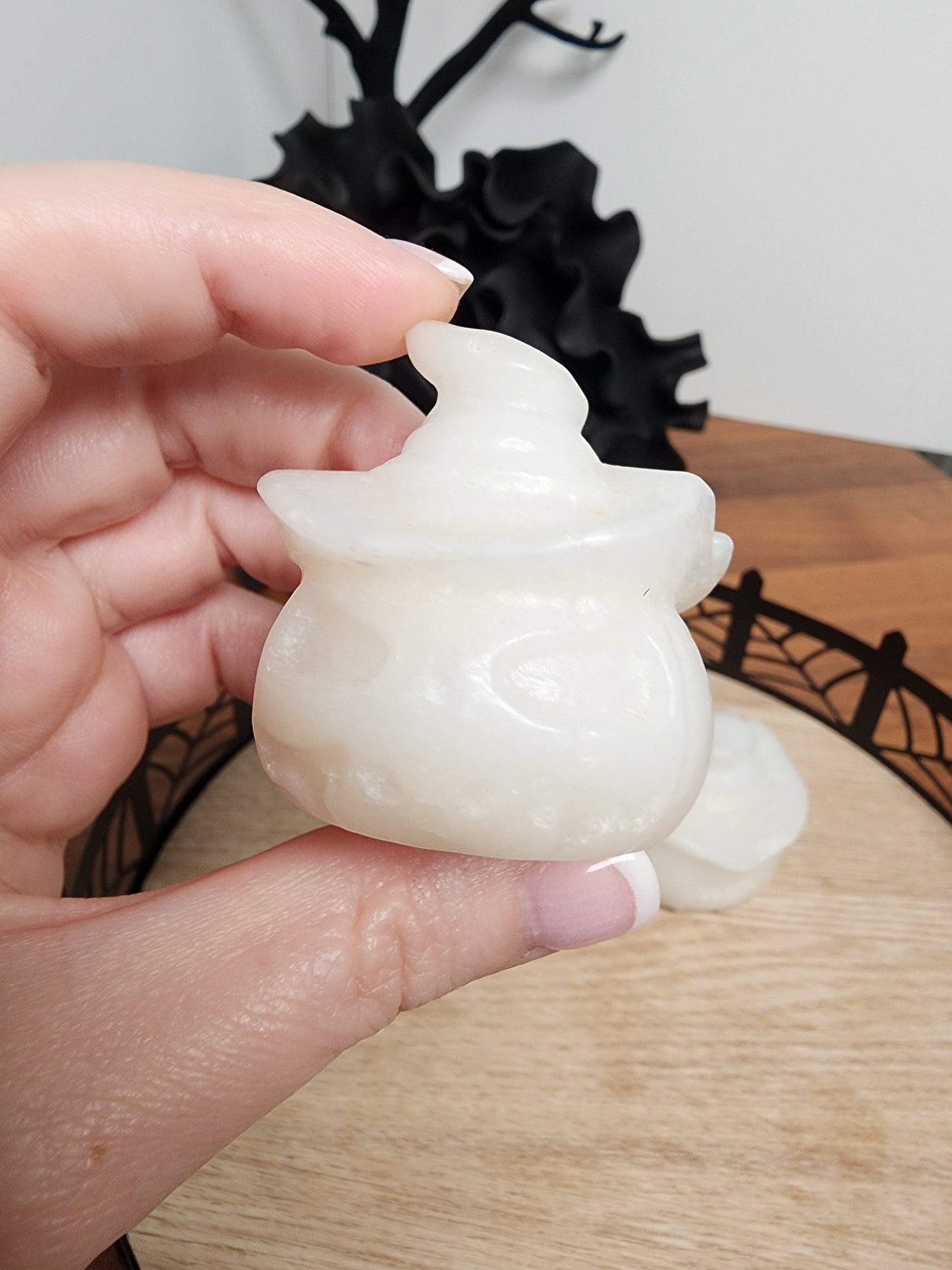 Scary White Jade Crystal Pumpkin with Witch Hat - Halloween Decor - Spooky Season - White Witch Home Decor