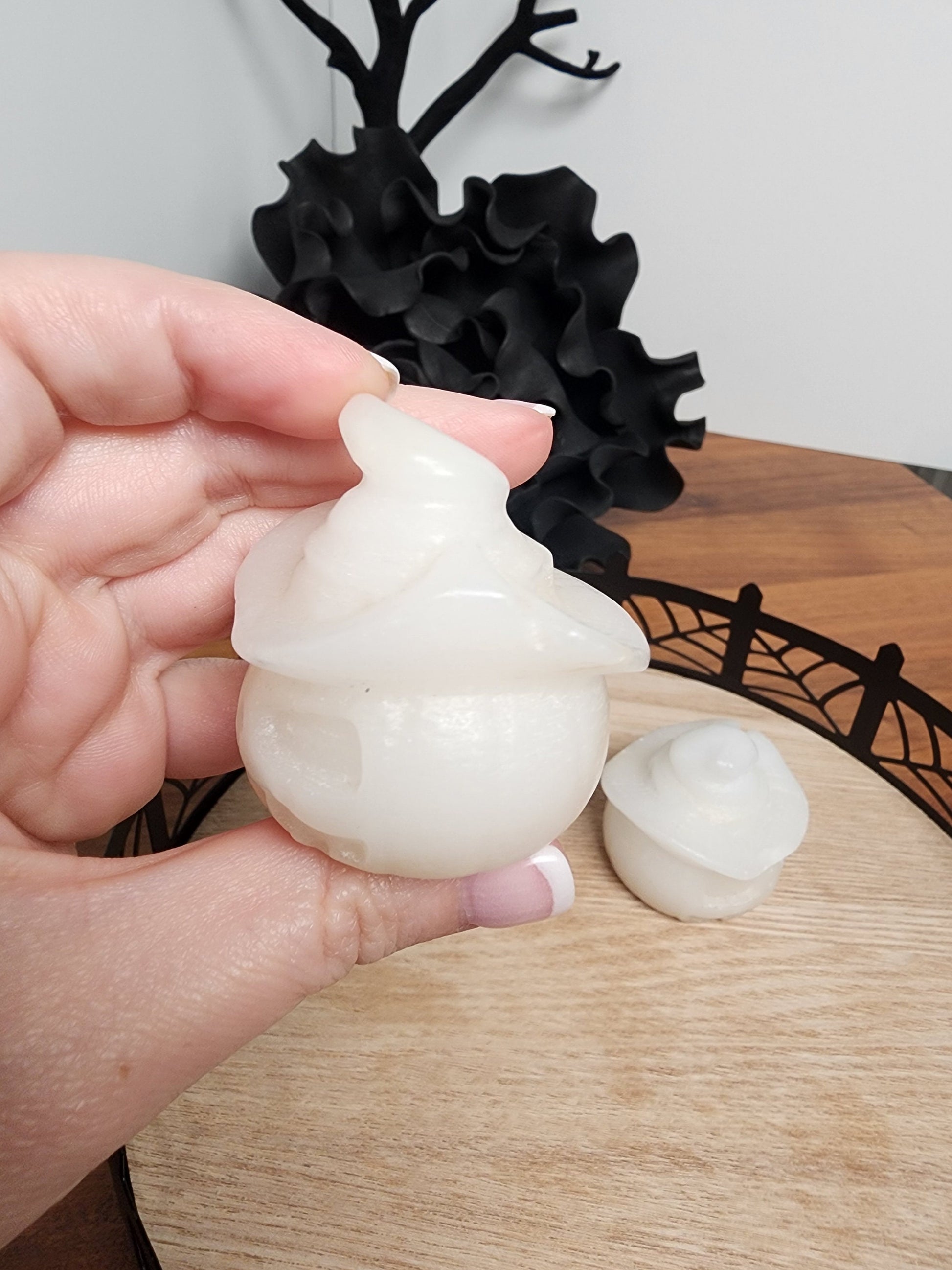 Scary White Jade Crystal Pumpkin with Witch Hat - Halloween Decor - Spooky Season - White Witch Home Decor