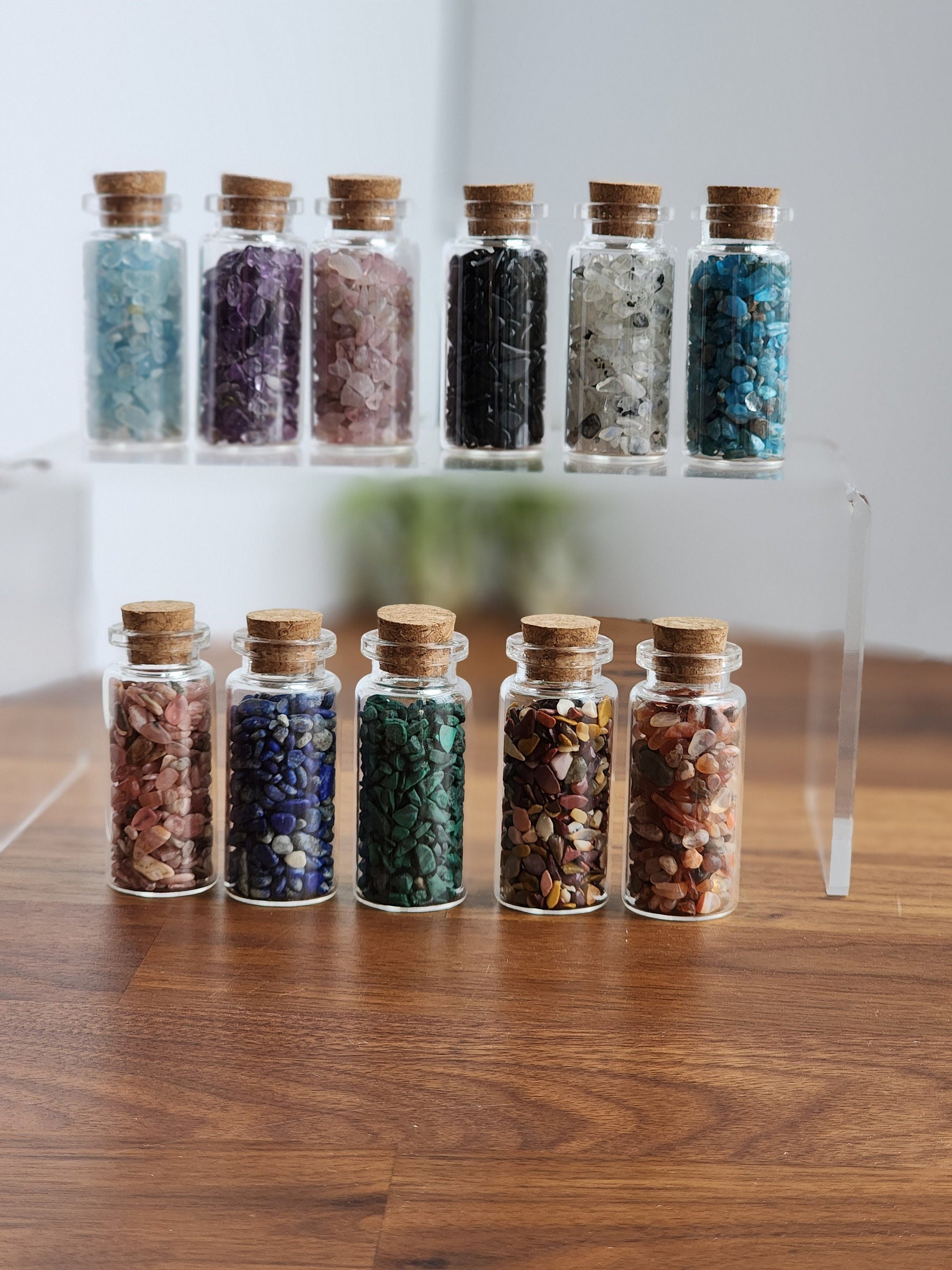 Crystal Chips Jars | Mini Bottles of Crystals | Rhodochrisite, Malachite, Kunzite, Moonstone, Obsidian, Mookite, Amethyst, Lapis, Red Agate
