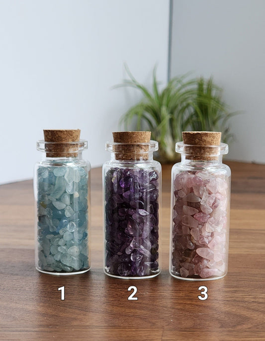 Crystal Chips Jars | Mini Bottles of Crystals | Rhodochrisite, Malachite, Kunzite, Moonstone, Obsidian, Mookite, Amethyst, Lapis, Red Agate