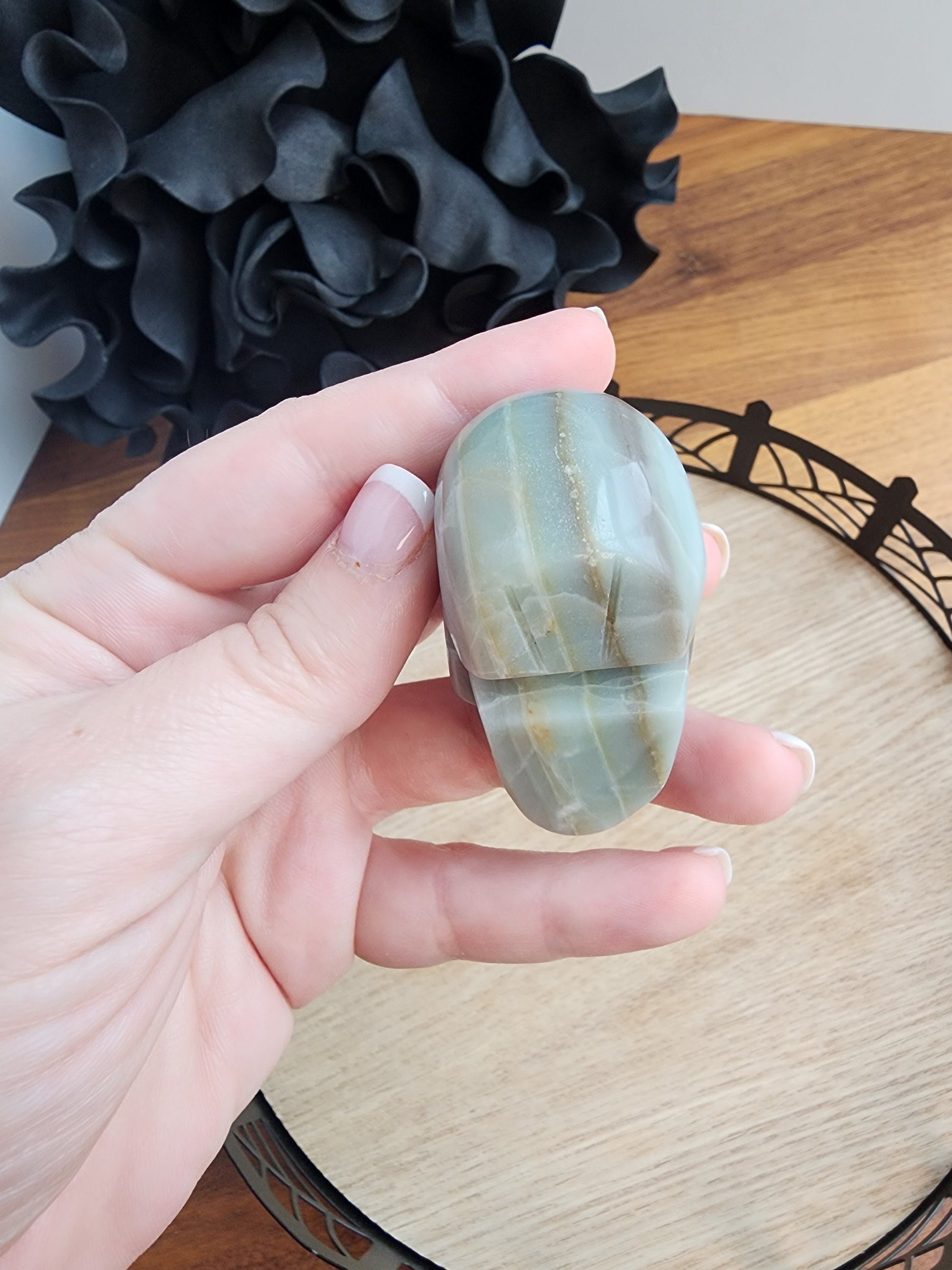 Caribbean Calcite Skull | 2" | Personal Collection | Halloween Decor | Blue Green Skeleton Head with Racing Stripe Pattern | Only One