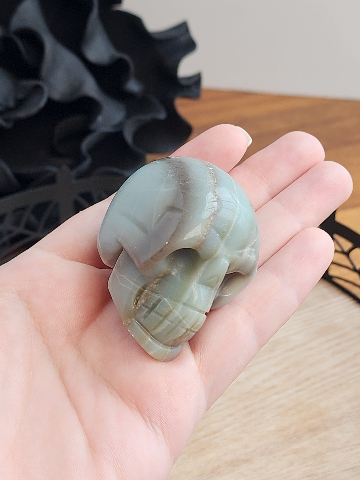 Caribbean Calcite Skull | 2" | Personal Collection | Halloween Decor | Blue Green Skeleton Head with Racing Stripe Pattern | Only One