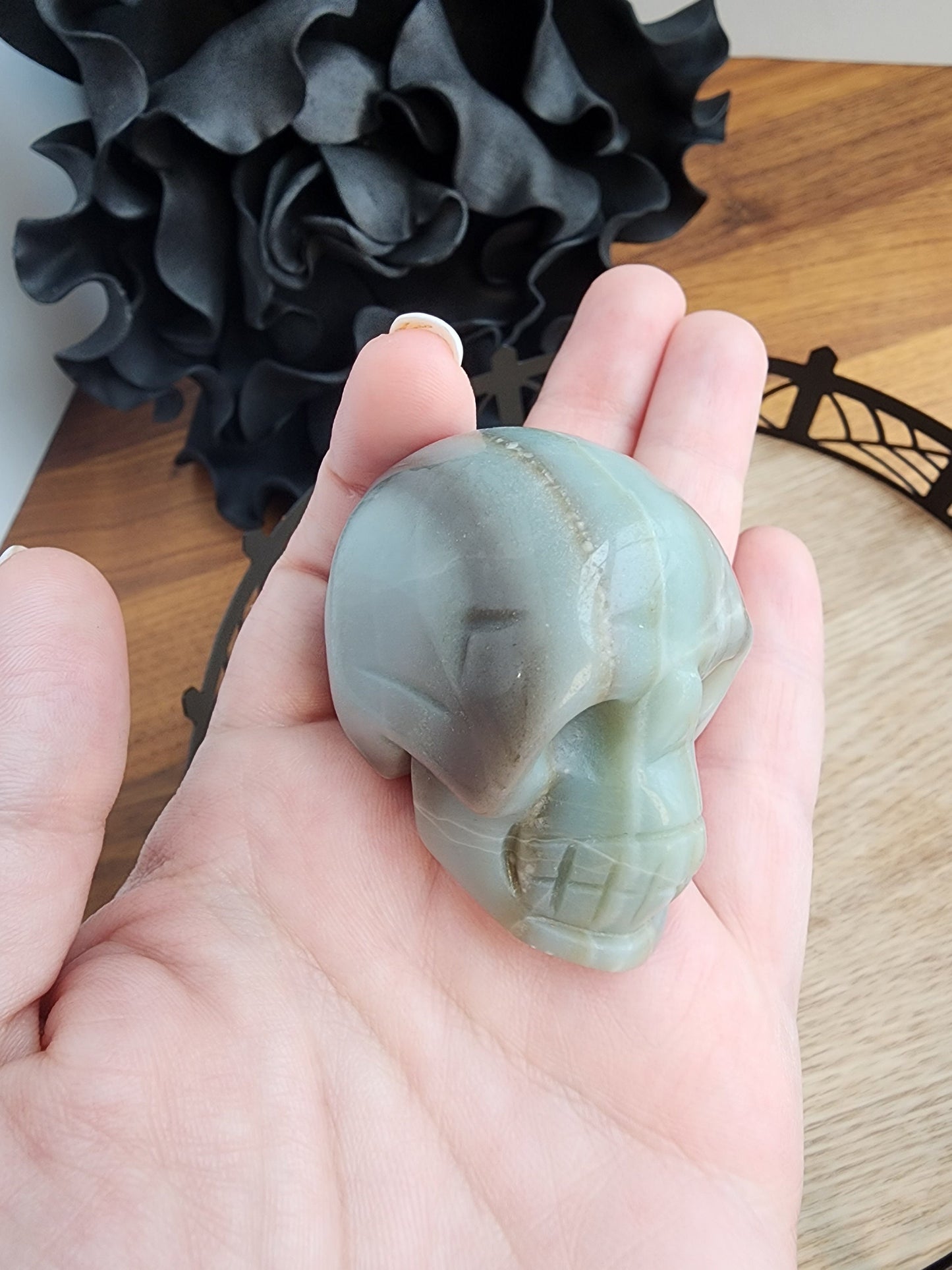 Caribbean Calcite Skull | 2" | Personal Collection | Halloween Decor | Blue Green Skeleton Head with Racing Stripe Pattern | Only One