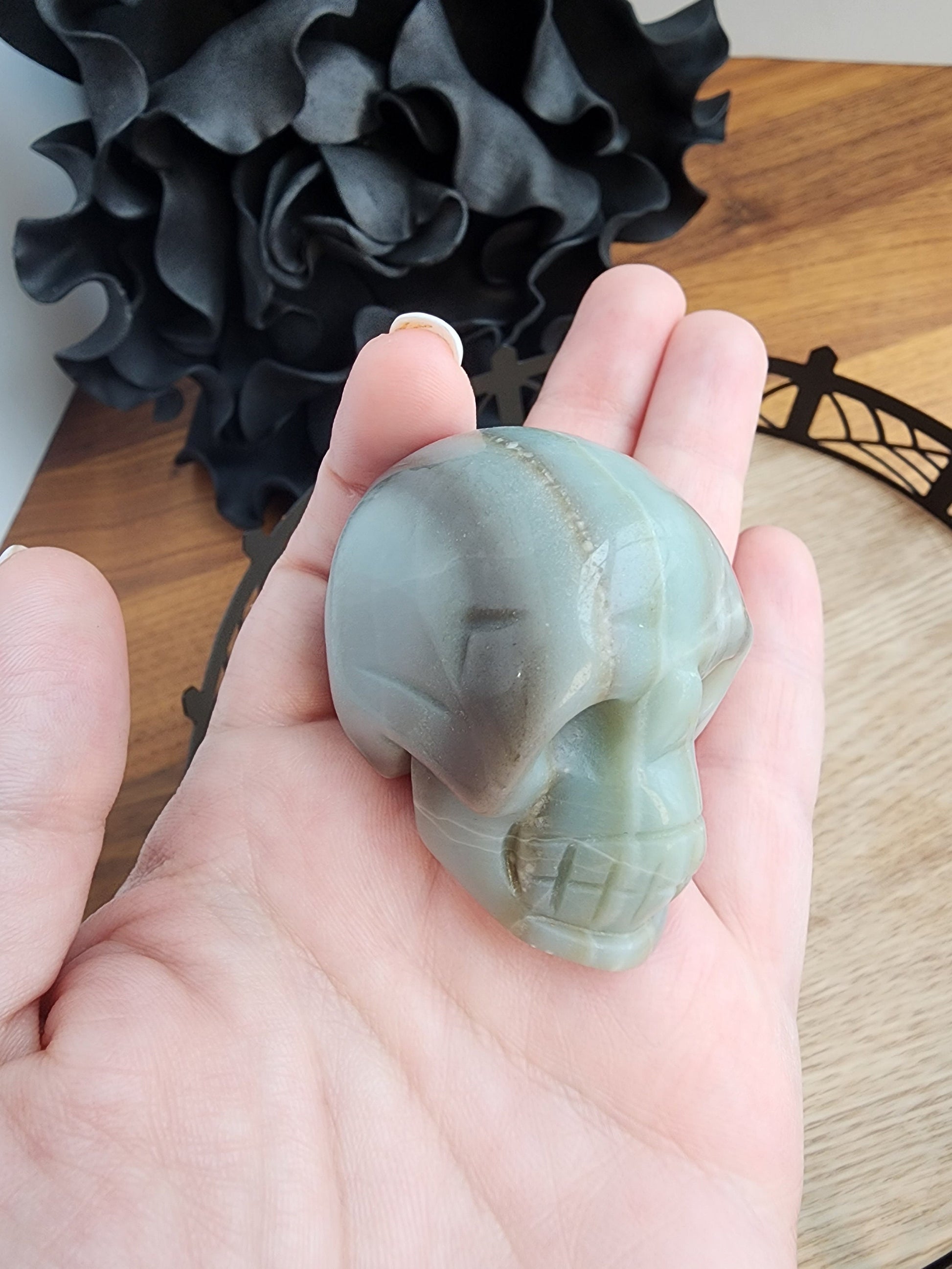 Caribbean Calcite Skull | 2" | Personal Collection | Halloween Decor | Blue Green Skeleton Head with Racing Stripe Pattern | Only One