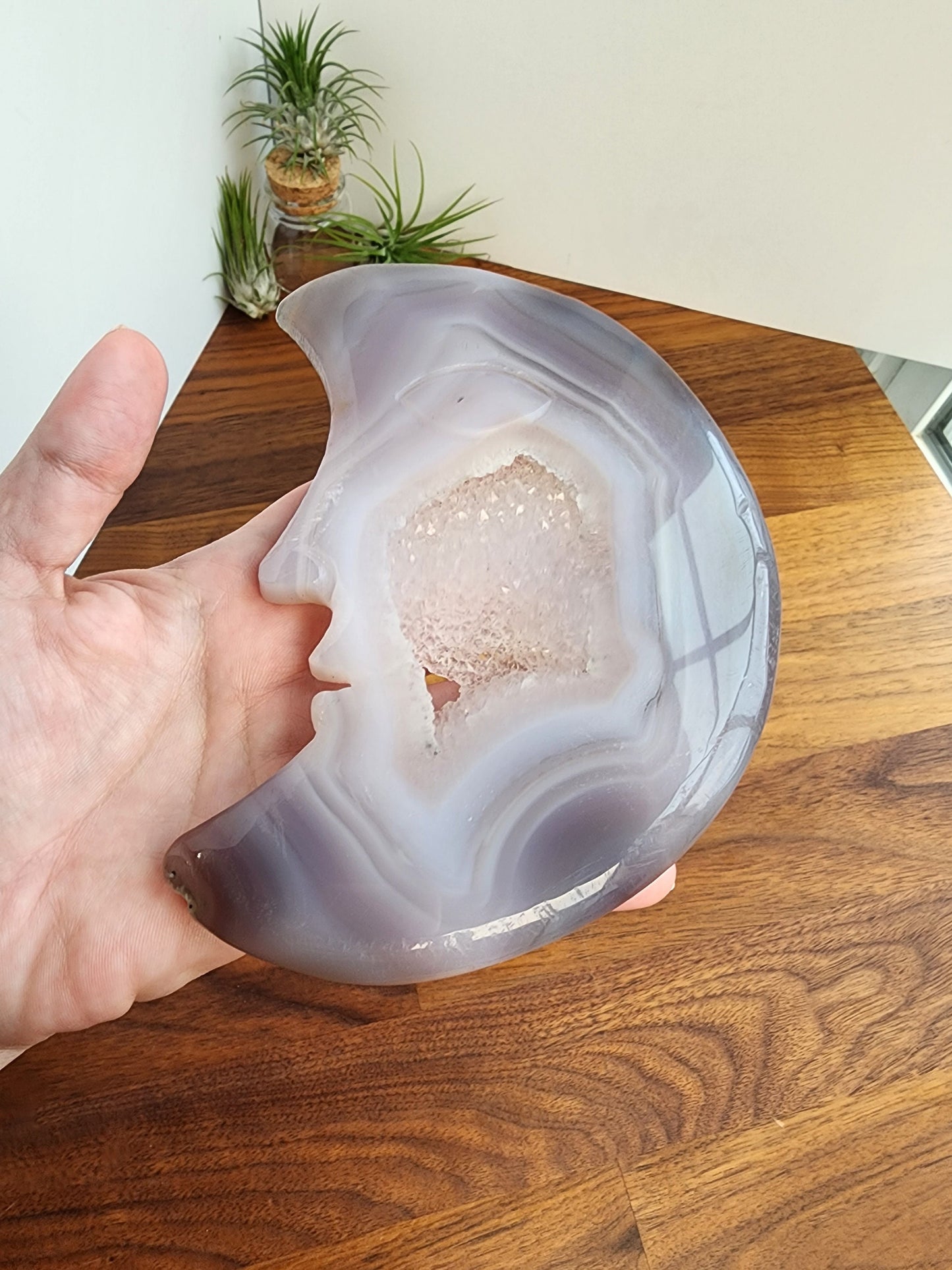 Druzy Banded Agate Moon | Large Crystal Crescent Statement Piece | Sparkly Crystal Geode | Blue, Beige | With Stand | Pop Rocks Decor