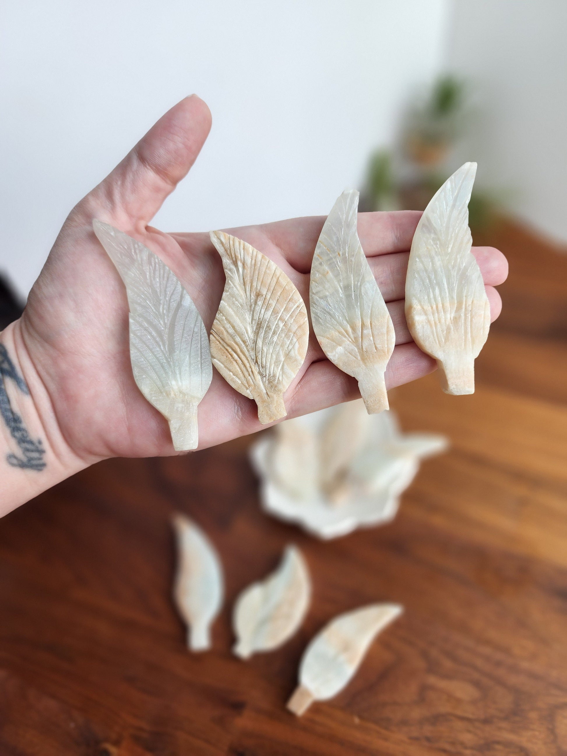 Hand Carved Caribbean Calcite Leaf: Ocean Crystal Decor