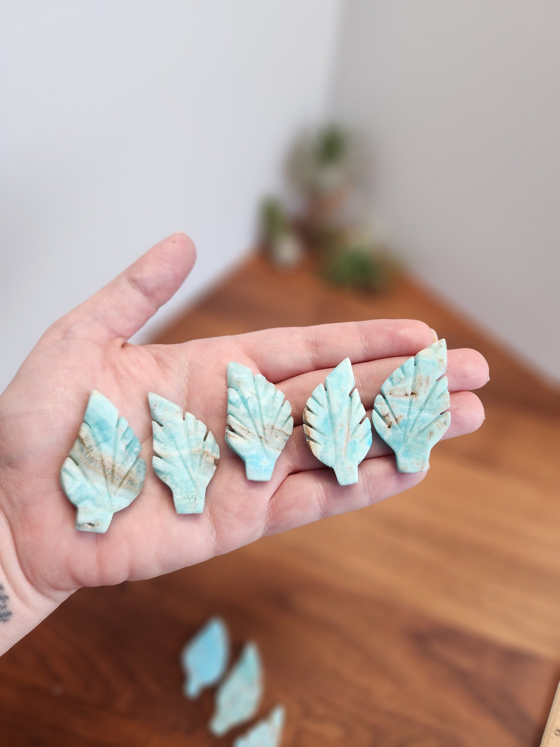 Blue Aragonite Crystal Leaf: Hand Carved Ocean Stone