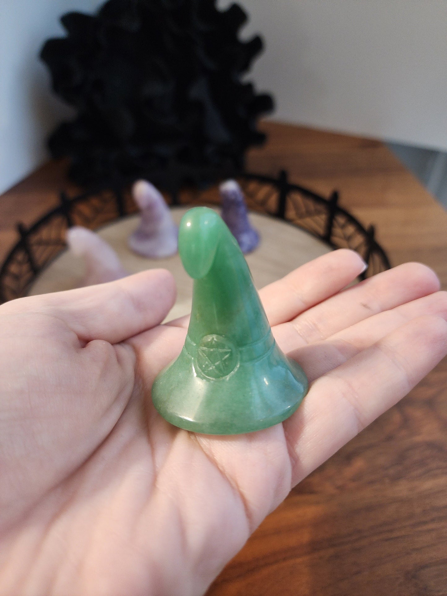 Crystal Witch Hat | Halloween Crystals | Spooky Season Decor | Lepidolite, Aventurine, Rose Quartz, Dalmatian | Witchy Vibes |Samhain Altar