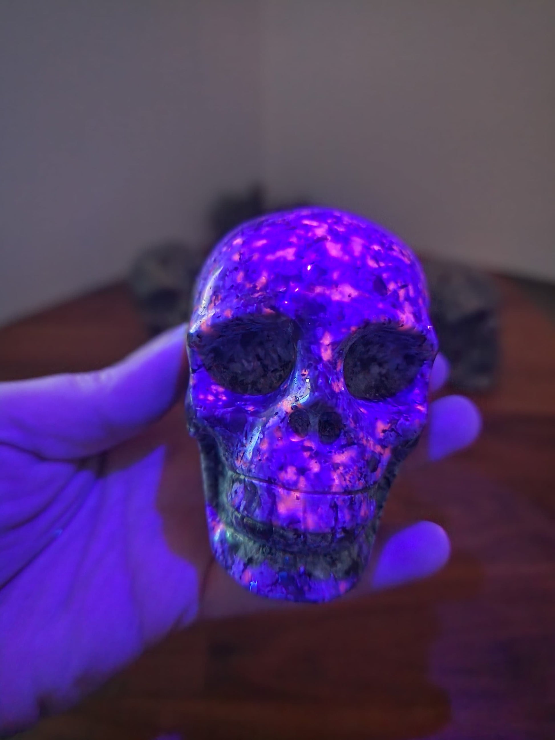 Crystal Yooperlite Skull | 3" Large Spooky Season Carving | Witchy Vibes for Halloween Decor | UV Reactive with Blacklight | Summerween Vibe