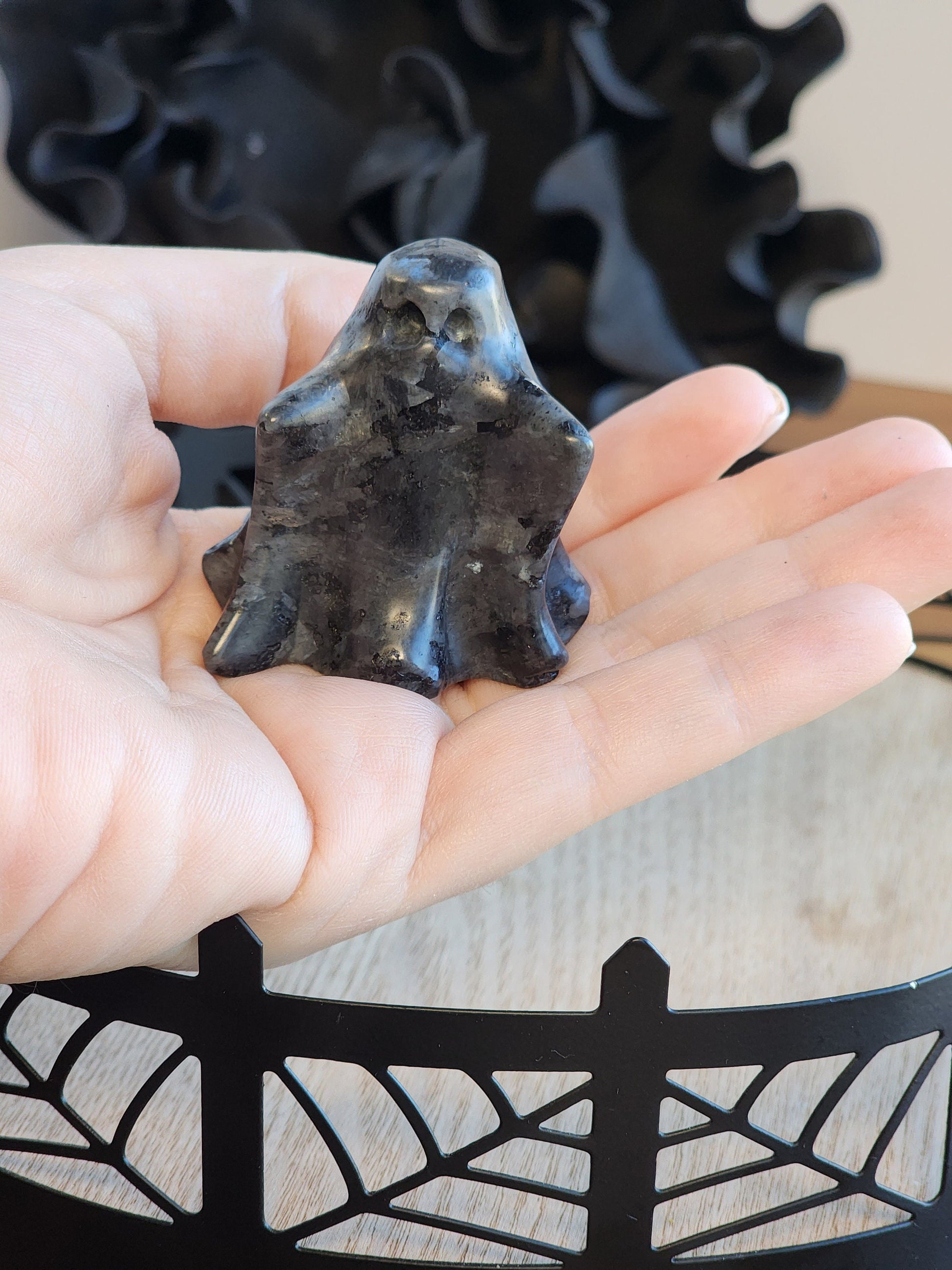 Spooky Ghost Crystal | Larvakite | Halloween | Spooky Season Crystals | Cute 3D Carving | Witchy Vibes | Low Blue Flash |Intuitively Chosen