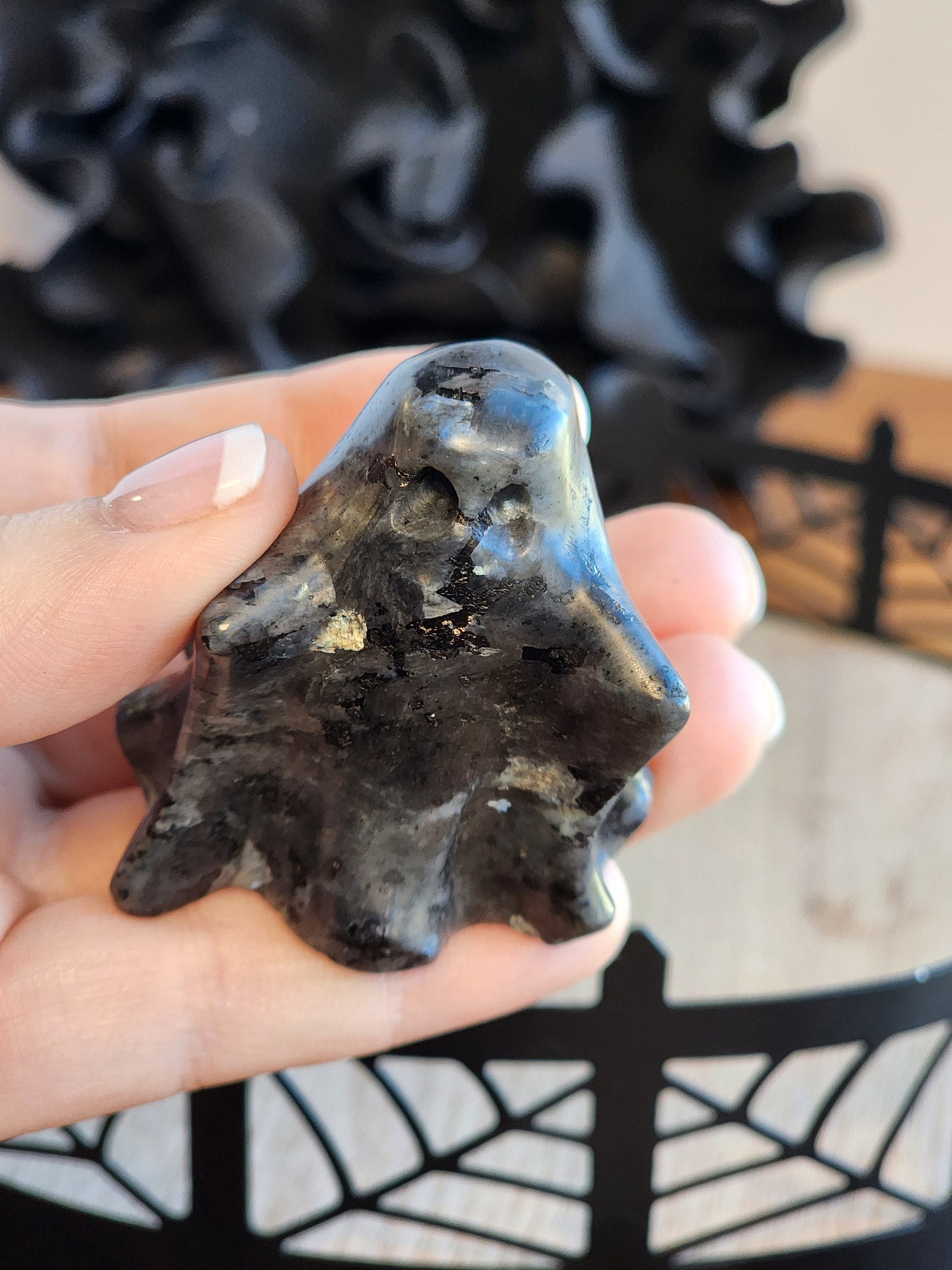 Spooky Ghost Crystal | Larvakite | Halloween | Spooky Season Crystals | Cute 3D Carving | Witchy Vibes | Low Blue Flash |Intuitively Chosen