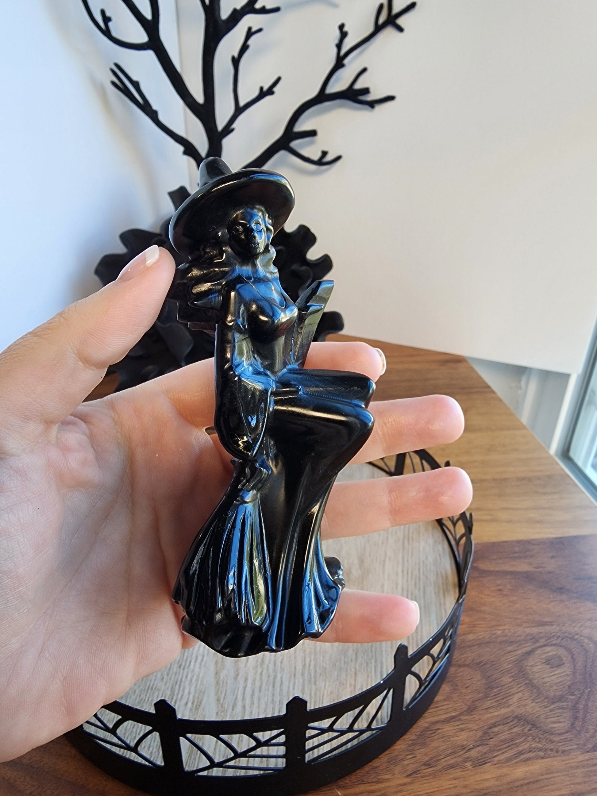 Obsidian Witch | 4.5" Tall Crystal | Black Crystals | Witchy Vibes | Detailed High Quality | Halloween | Witch Hat on Broom | 3D | Only ONE