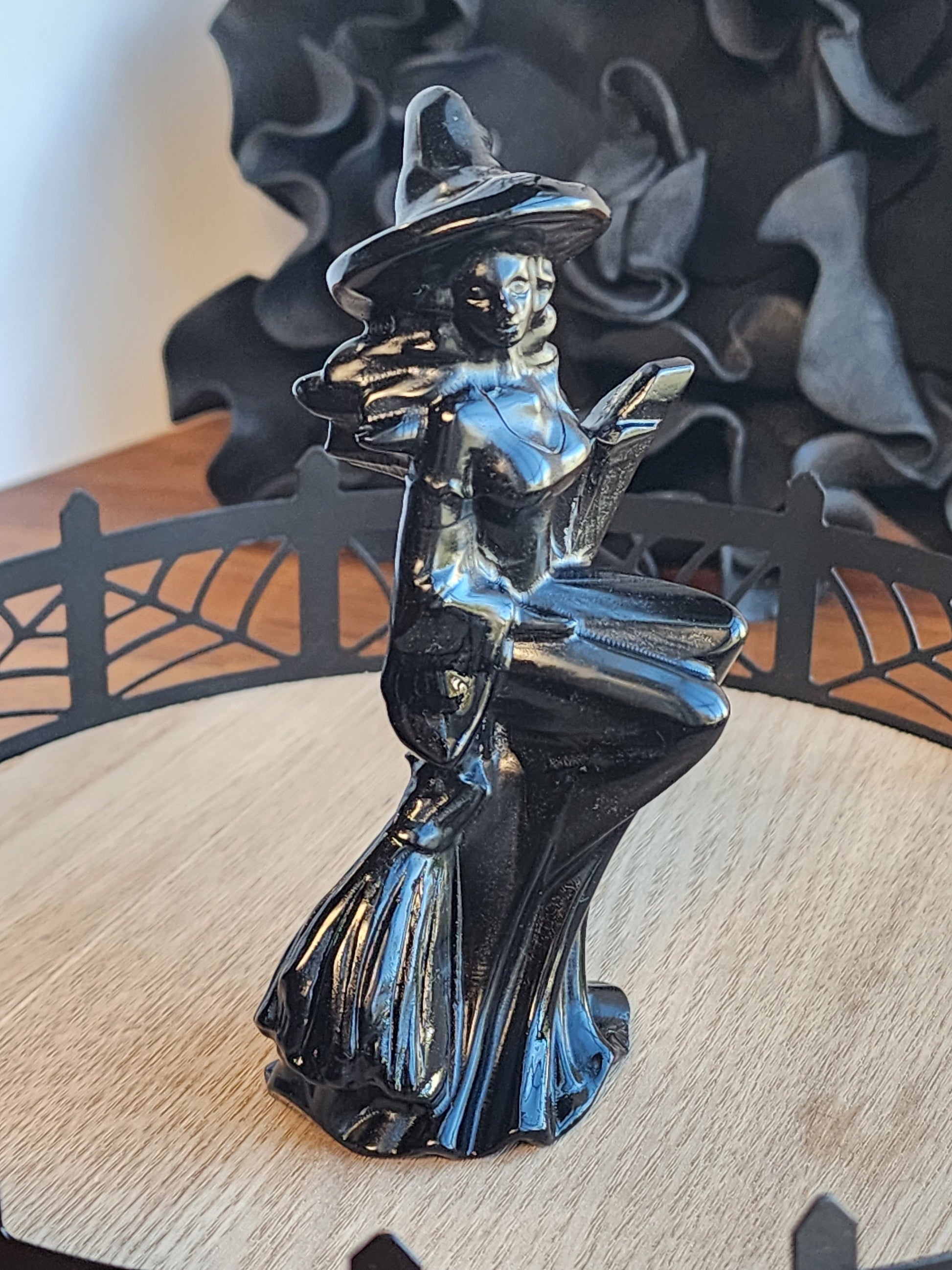 Obsidian Witch | 4.5" Tall Crystal | Black Crystals | Witchy Vibes | Detailed High Quality | Halloween | Witch Hat on Broom | 3D | Only ONE