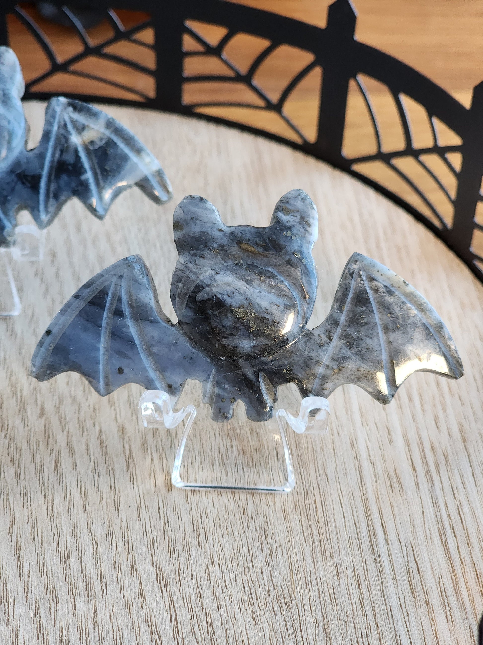 Cute Crystal Bat! | Pyrite in Quartz | Gray Vampire Bat Carving | Halloween Crystals | Gothcore | Spooky Season | Intuitively Chosen