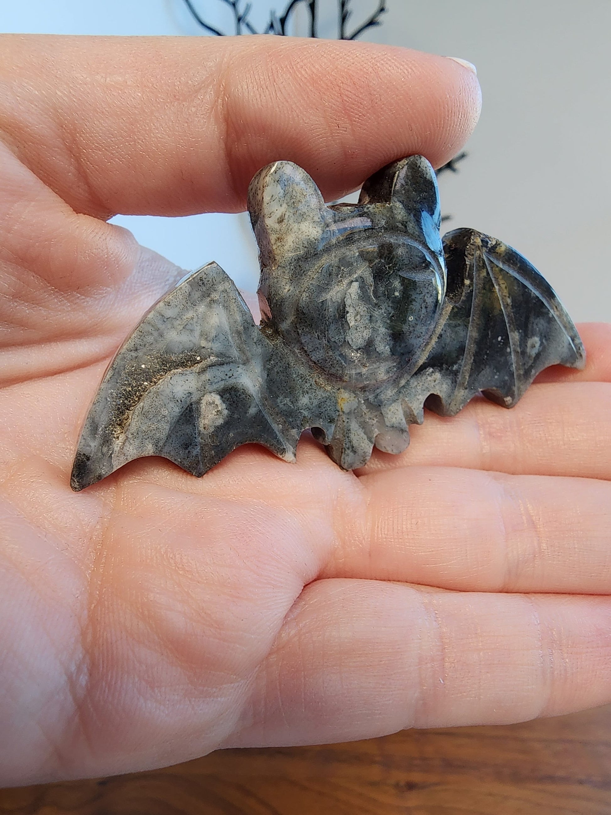 Cute Crystal Bat! | Pyrite in Quartz | Gray Vampire Bat Carving | Halloween Crystals | Gothcore | Spooky Season | Intuitively Chosen