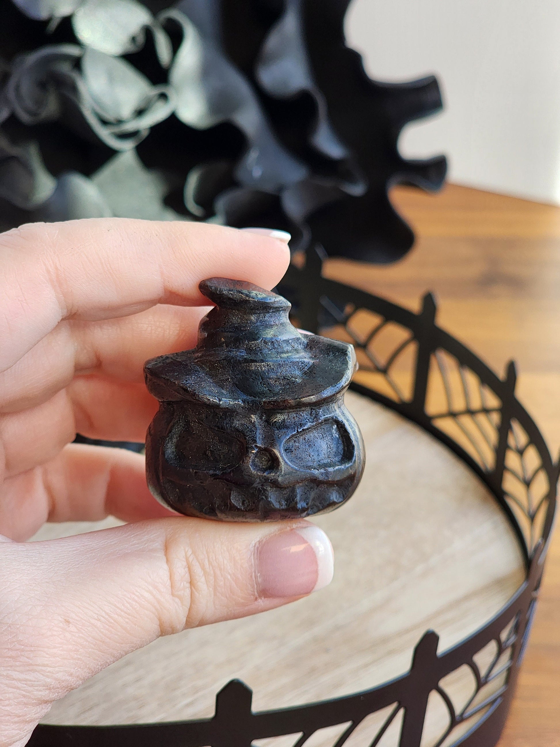 Crystal Halloween Pumpkin Carving with Witch Hat | Fireworks Garnet | Home Décor for Spooky Season | Arfvedsonite Stone | Unique Gift